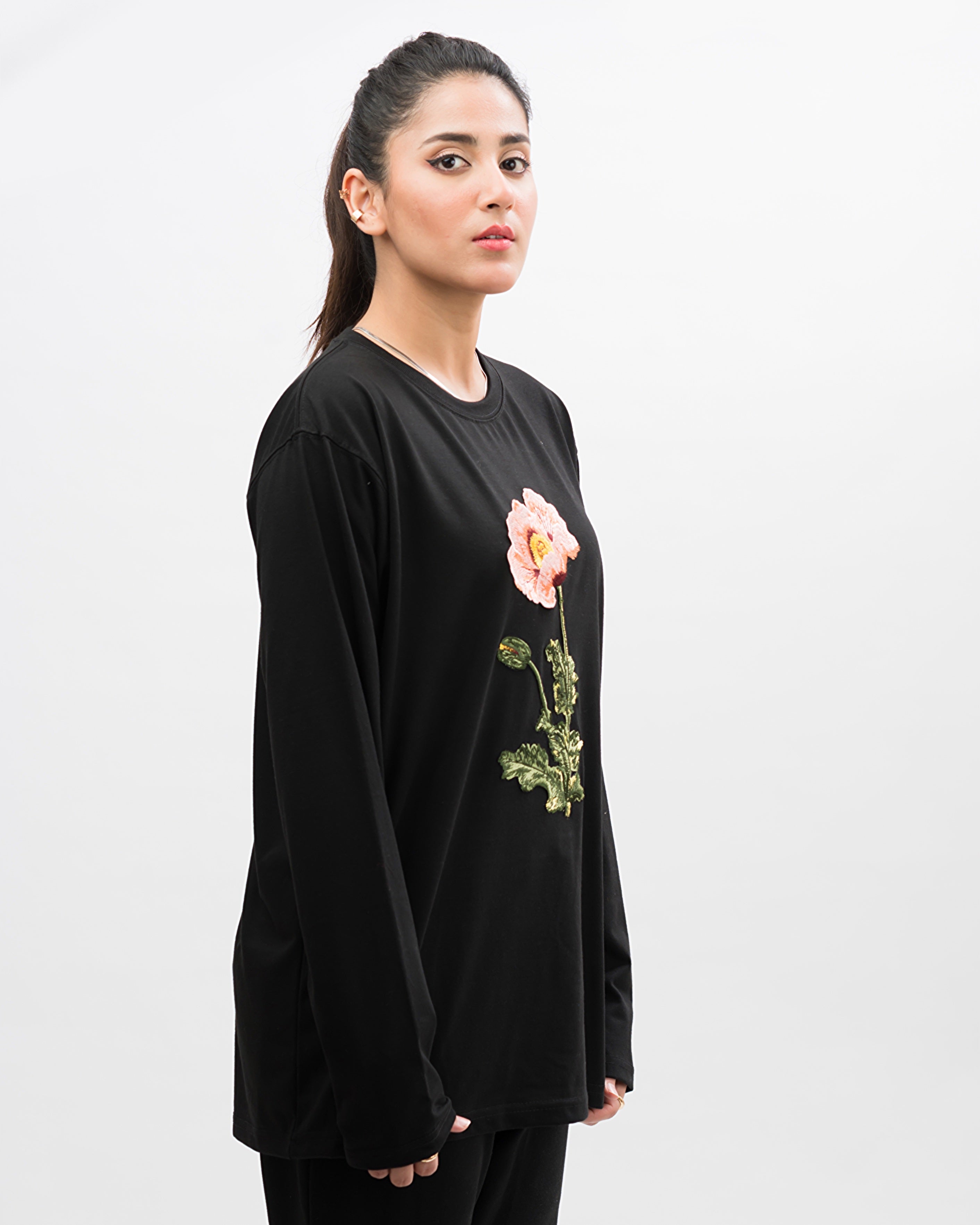 Rose Embroidered Patched Long Sleeves Oversized Tee Black