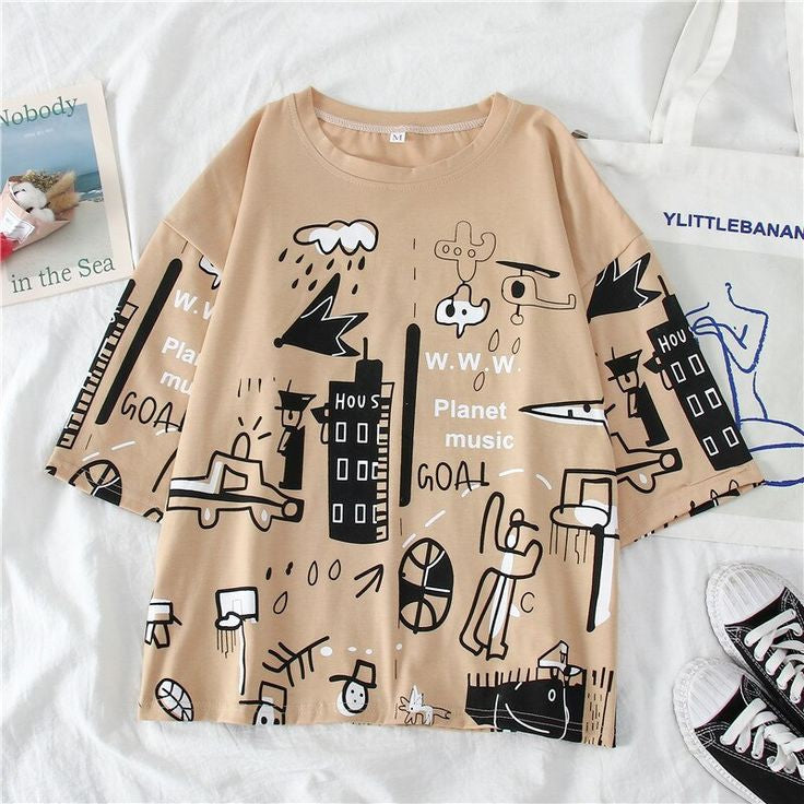 Planet Music City Graphic Drop Shoulder Oversized Tee