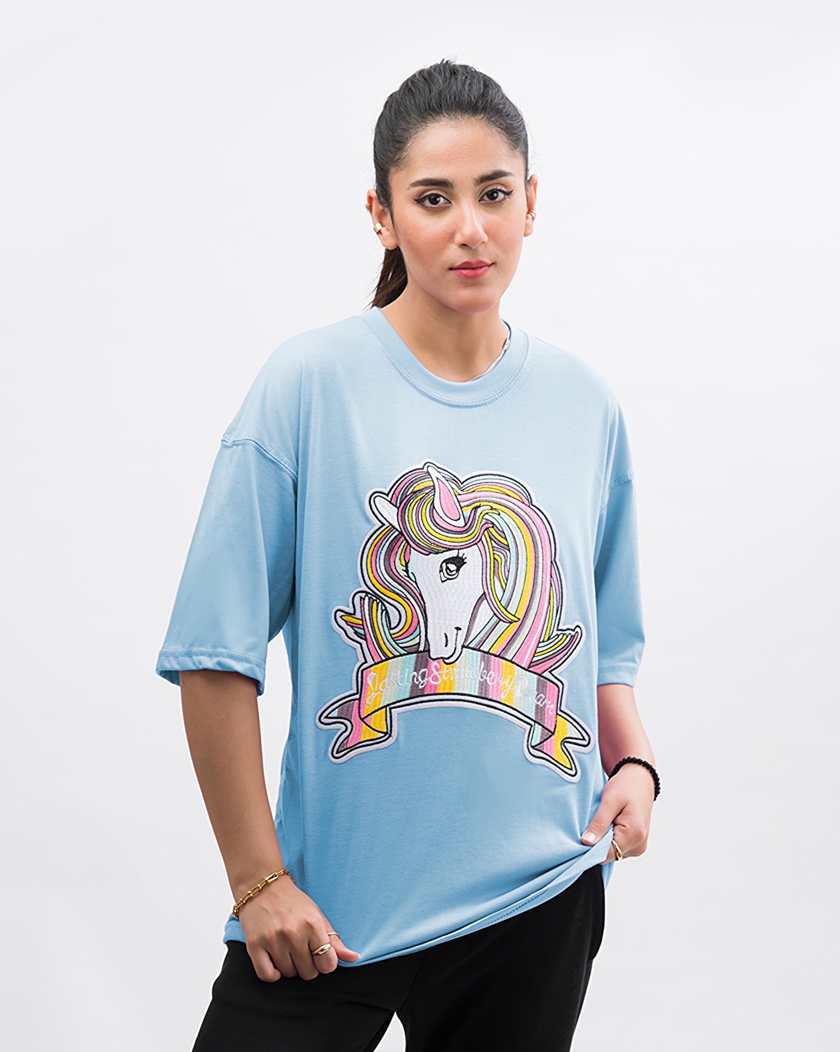 Unicorn Embroidered Patched Drop Shoulder Oversized Tee Sky Blue