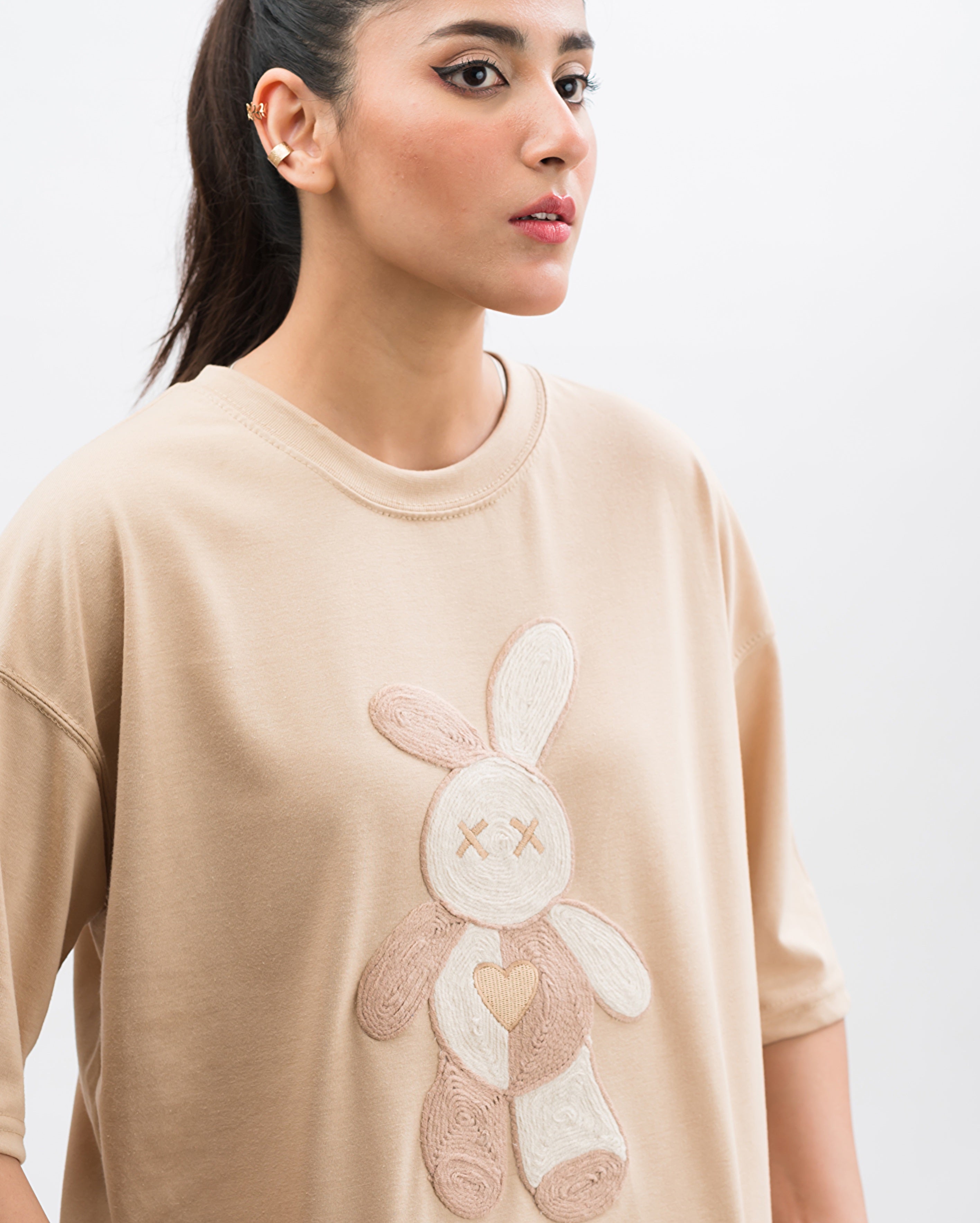 Teddy Caramel Embroidered Patched Drop Shoulder Oversized Tee Beige