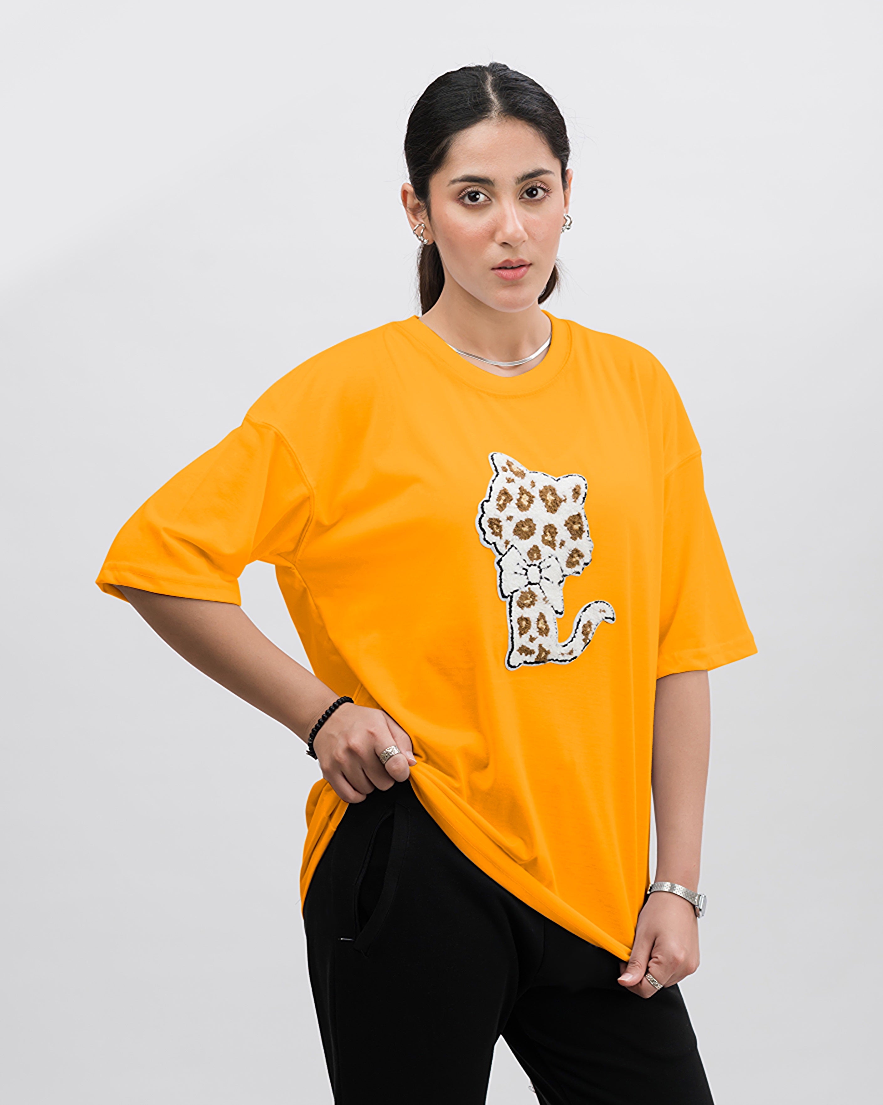 Kitty Embroidered Patched Drop Shoulder Oversized Tee Yellow