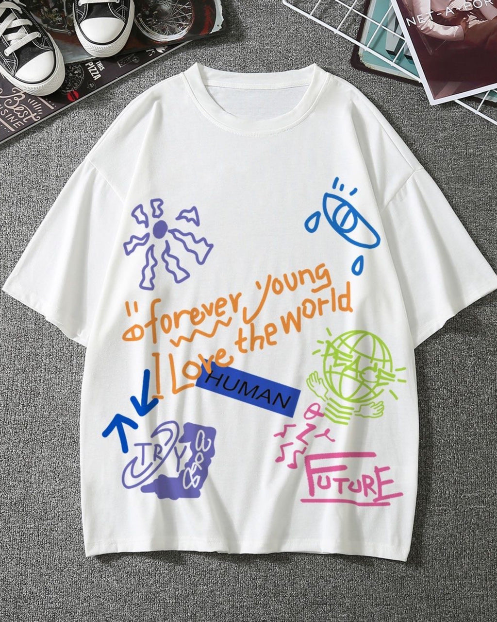 Love The World Graphic Drop Shoulder Oversized T-shirt White