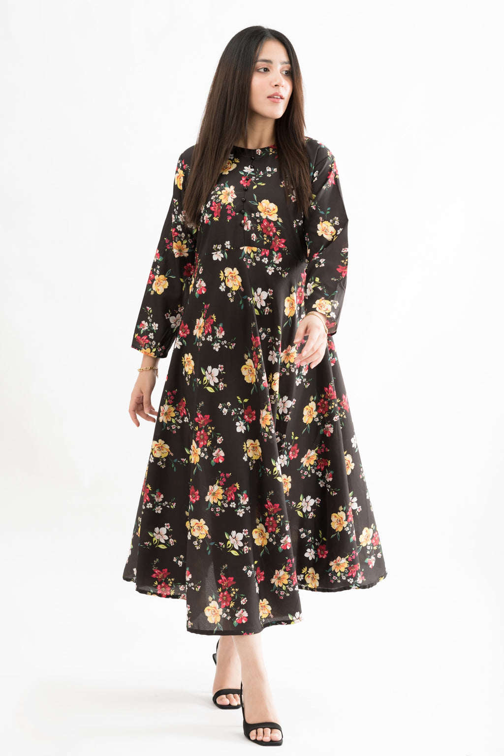 Midnight Blossom Floral Printed Lawn Maxi Dress