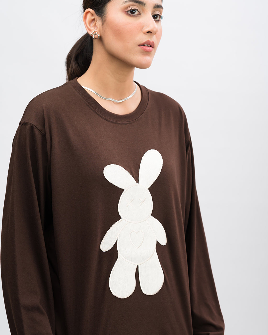 Dope Teddy Embroidered Patched Long Sleeve Drop Shoulder Oversized Tee Brownie