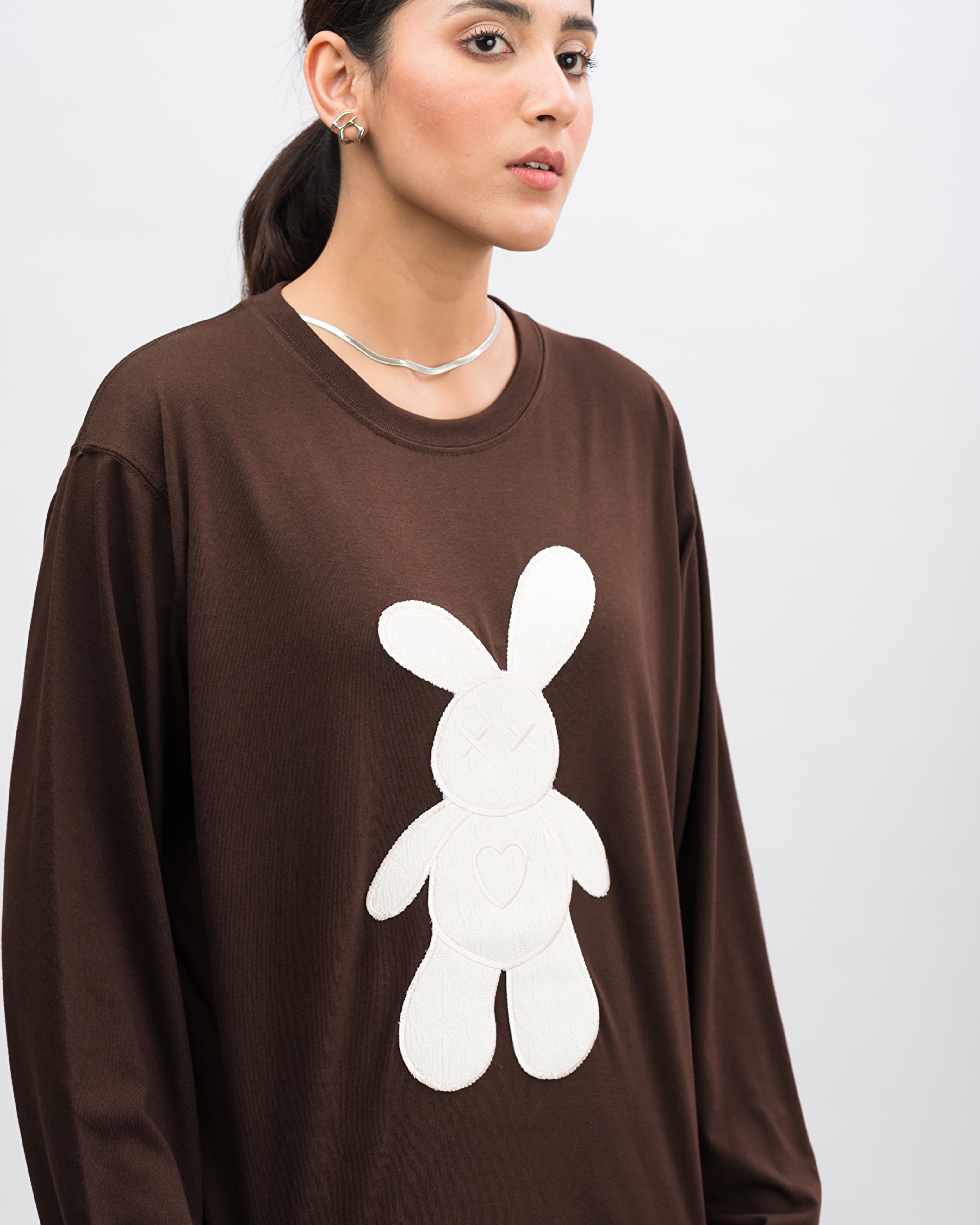 Dope Teddy Embroidered Patched Long Sleeve Drop Shoulder Oversized Tee Brownie
