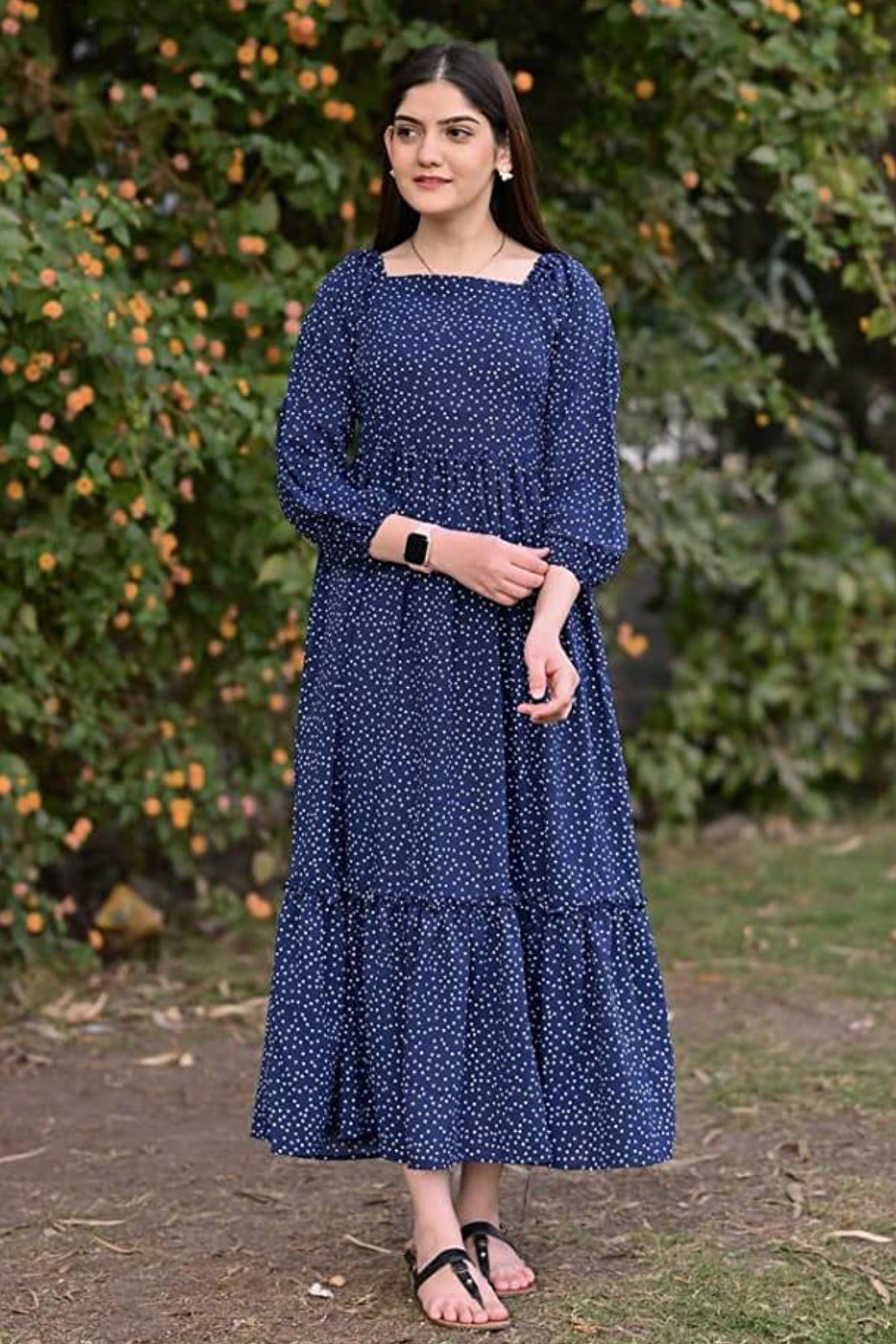 Blue Galaxy Mesh -  Chiffon Frock Dress ( Inner Attached )