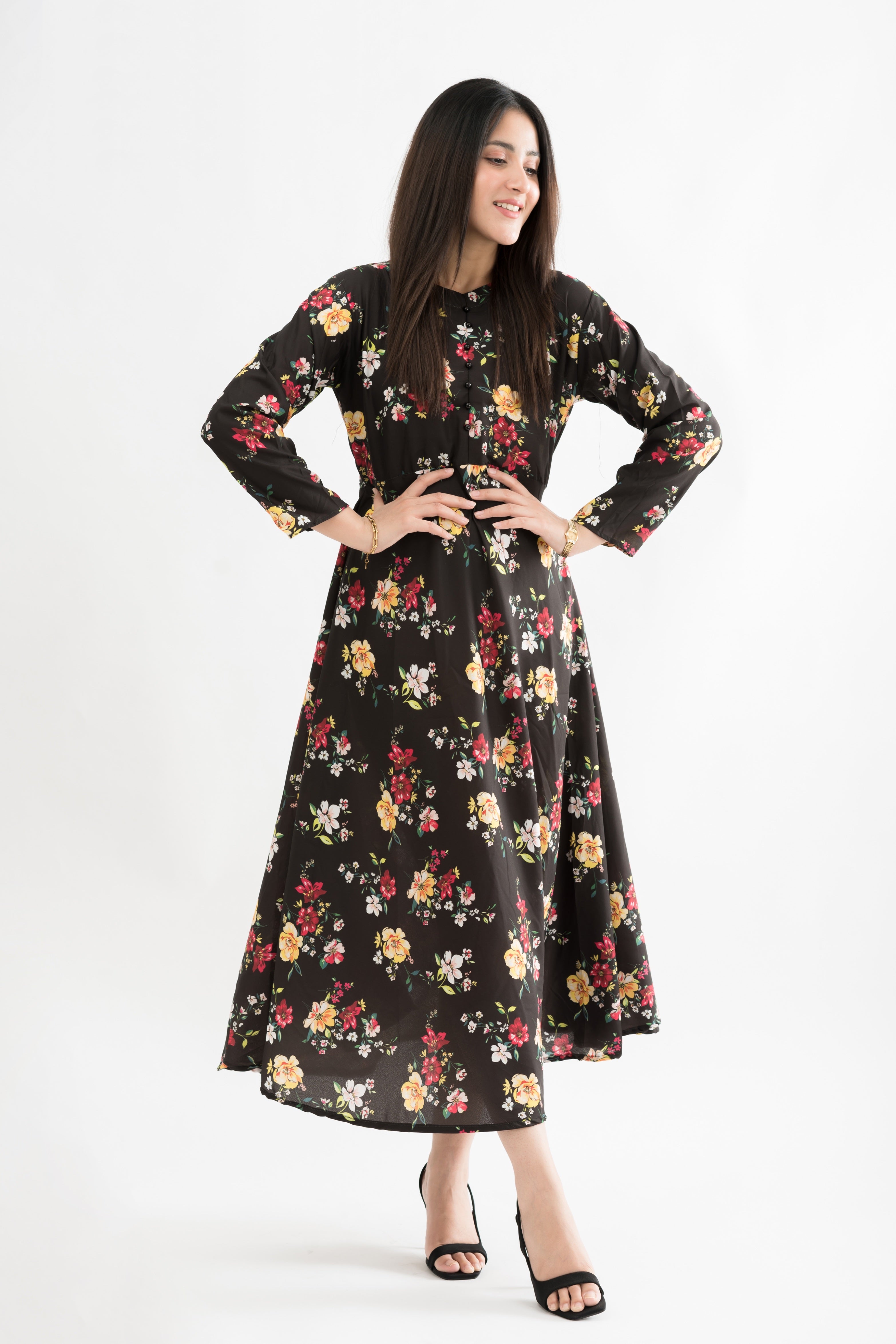 Midnight Blossom Floral Printed Lawn Maxi Dress