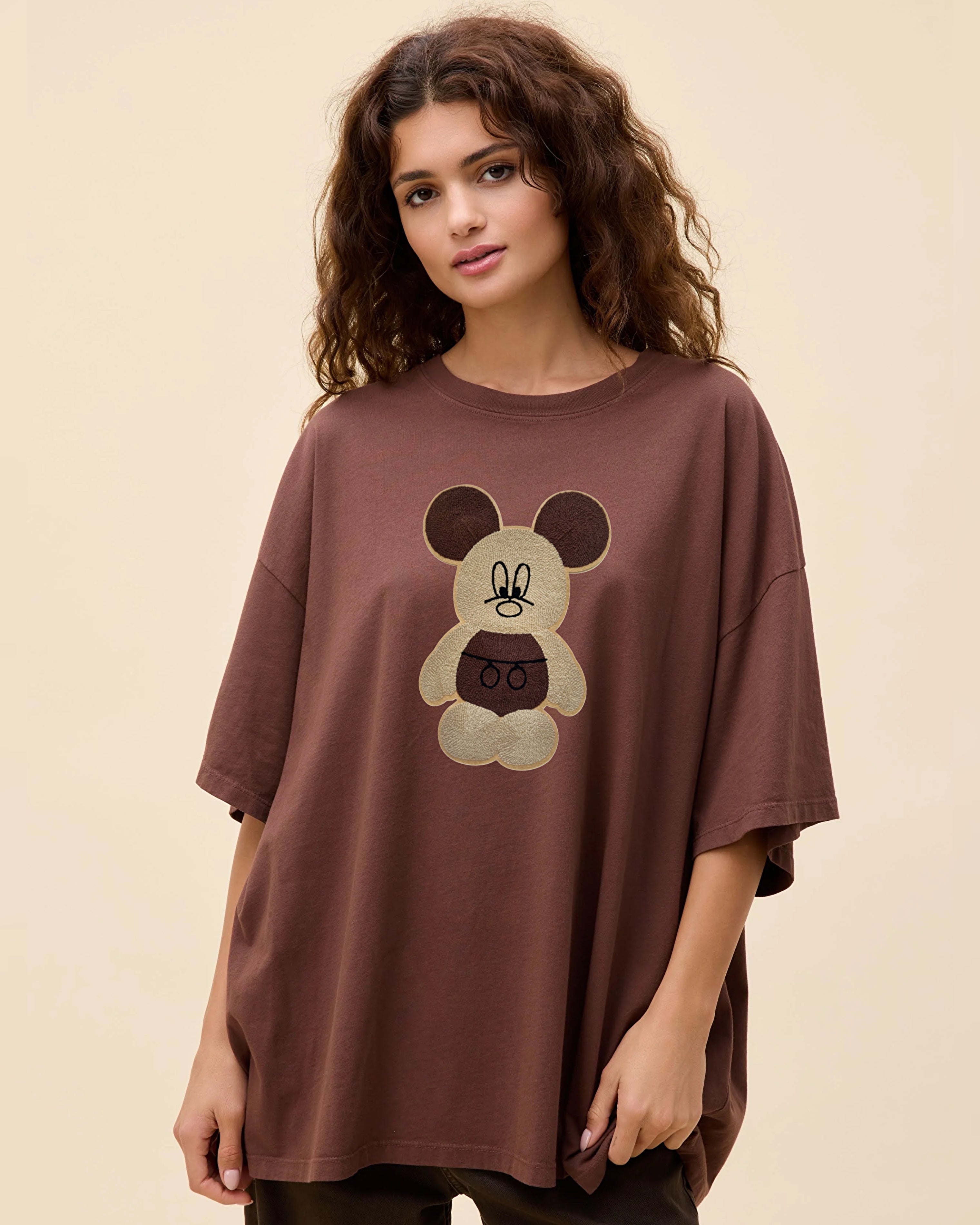 Bear Hugz Embroidered Patched Drop Shoulder Oversized Tee Brownie