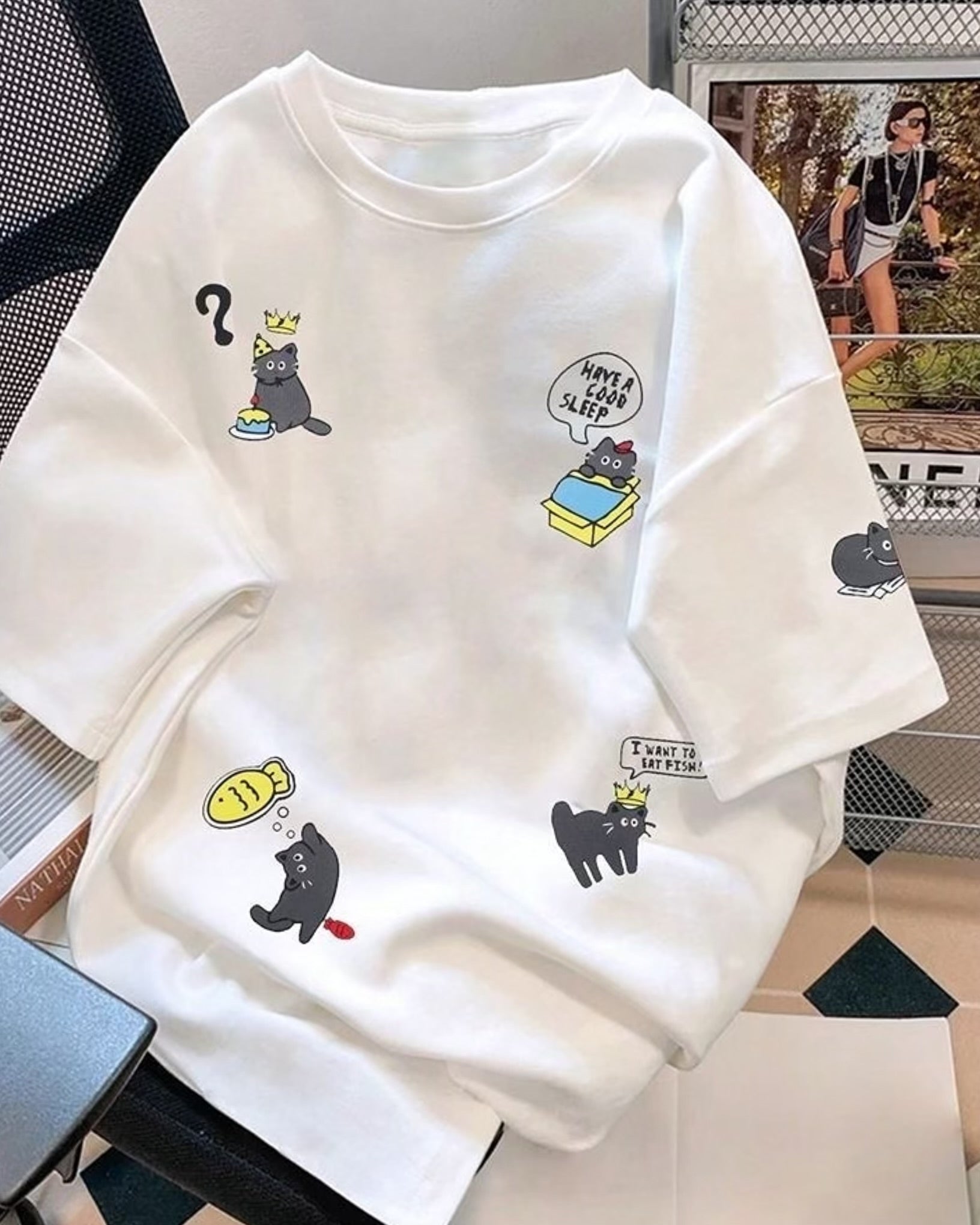 Cat Thoughts Graphic Drop Shoulder Oversized T-shirt