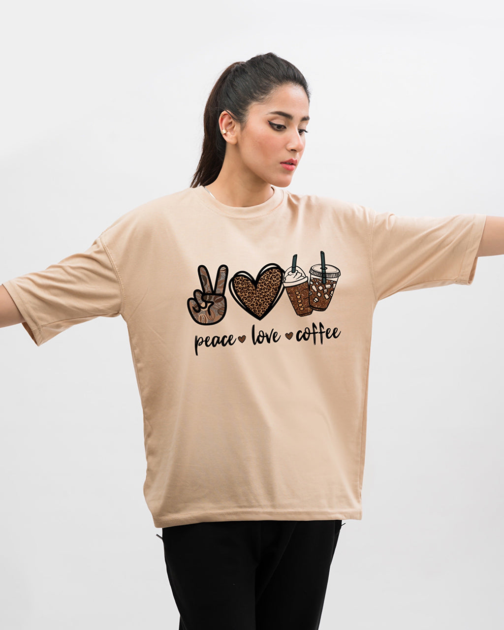 Peace Love Coffee Graphic Drop Shoulder Oversized Tee Beige