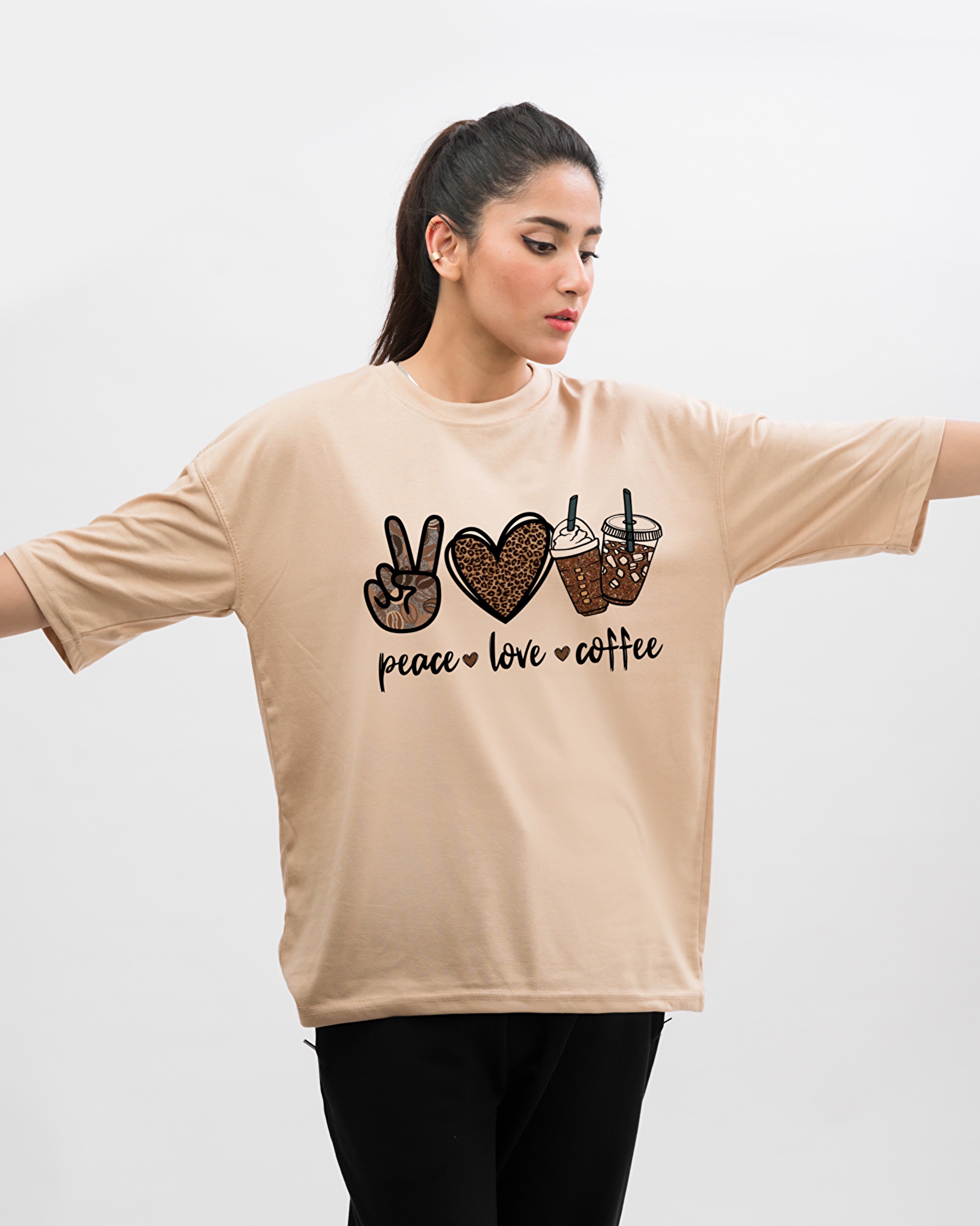 Peace Love Coffee Graphic Drop Shoulder Oversized Tee Beige