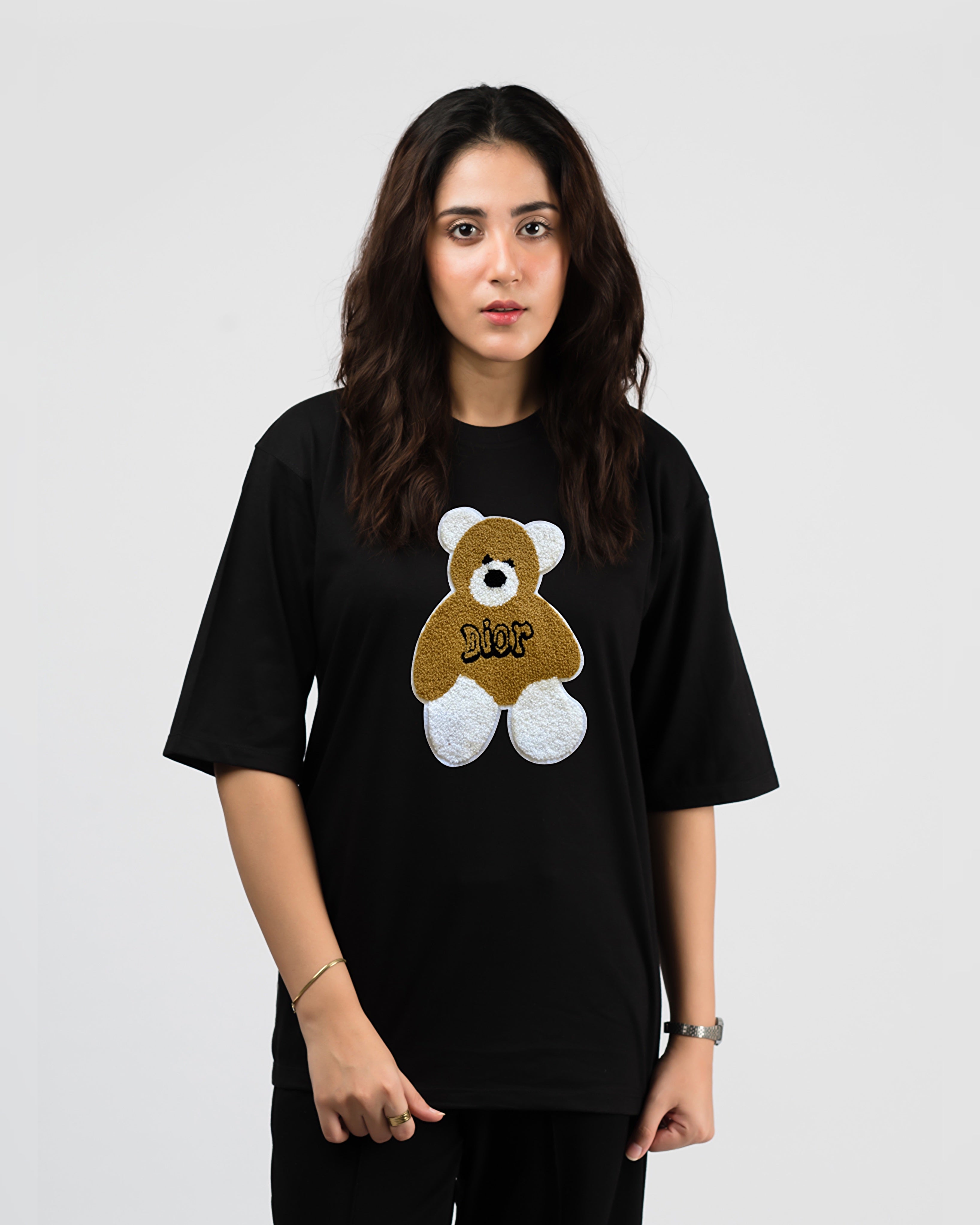 Dior Bear Embroidered Patched Drop Shoulder Oversized Tee Black