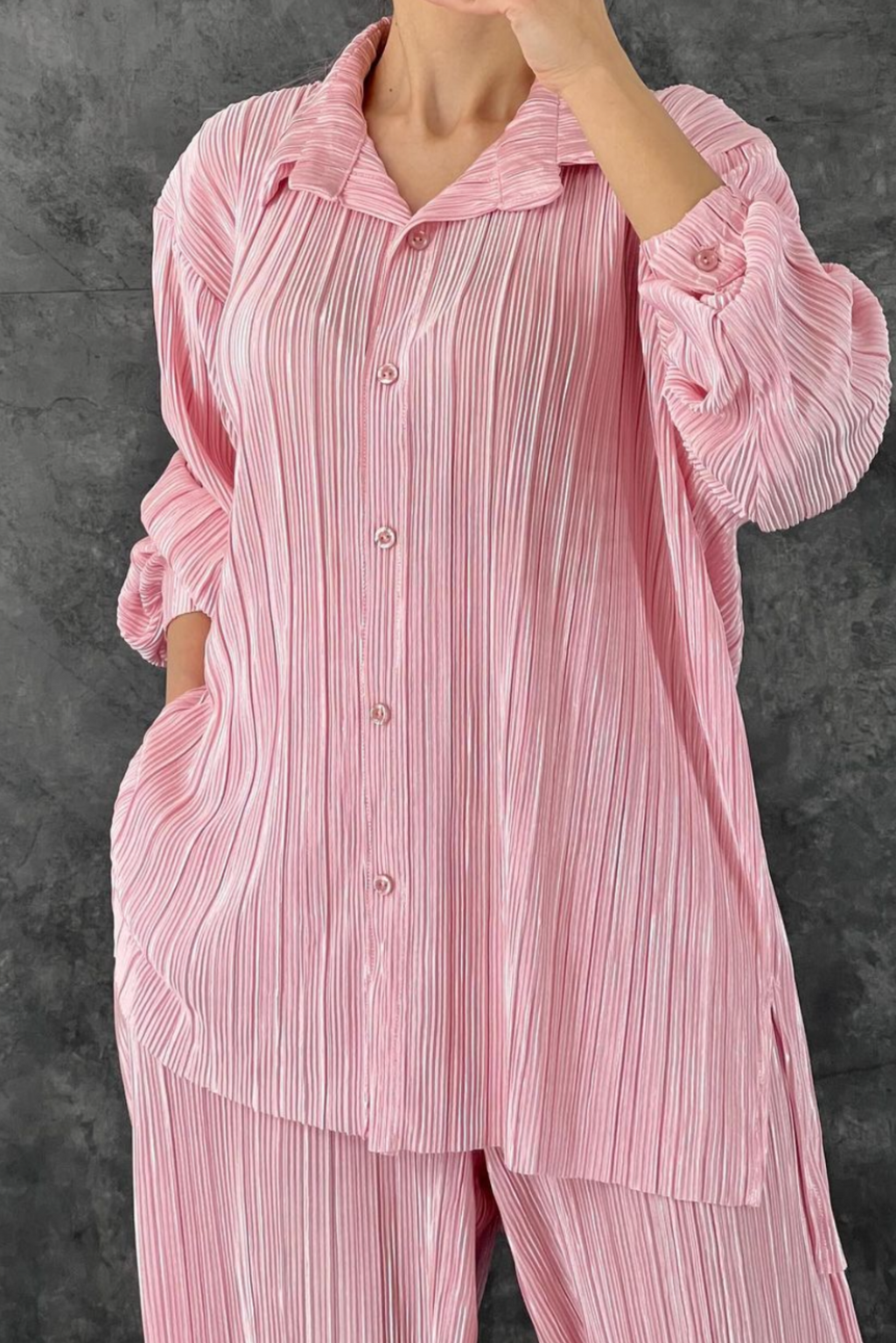 Button Up Solid Plisse Pleated Two-piece Set Pink
