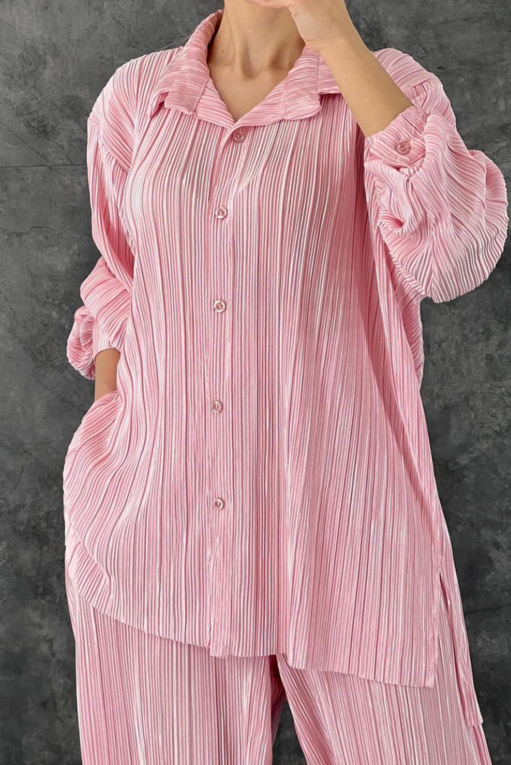 Button Up Solid Plisse Pleated Two-piece Set Pink