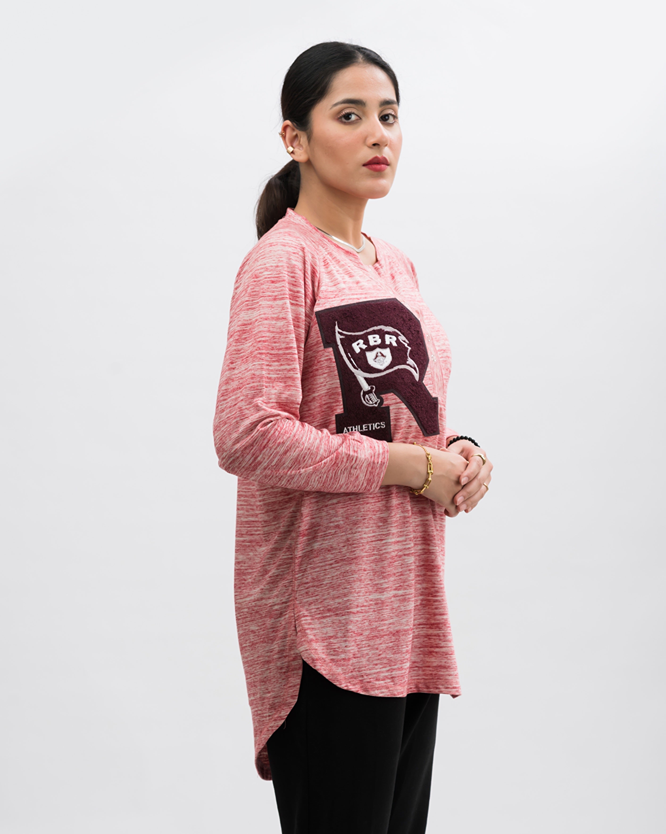 Henley Style R Athletic Long Sleeve Oversized Tee Peach