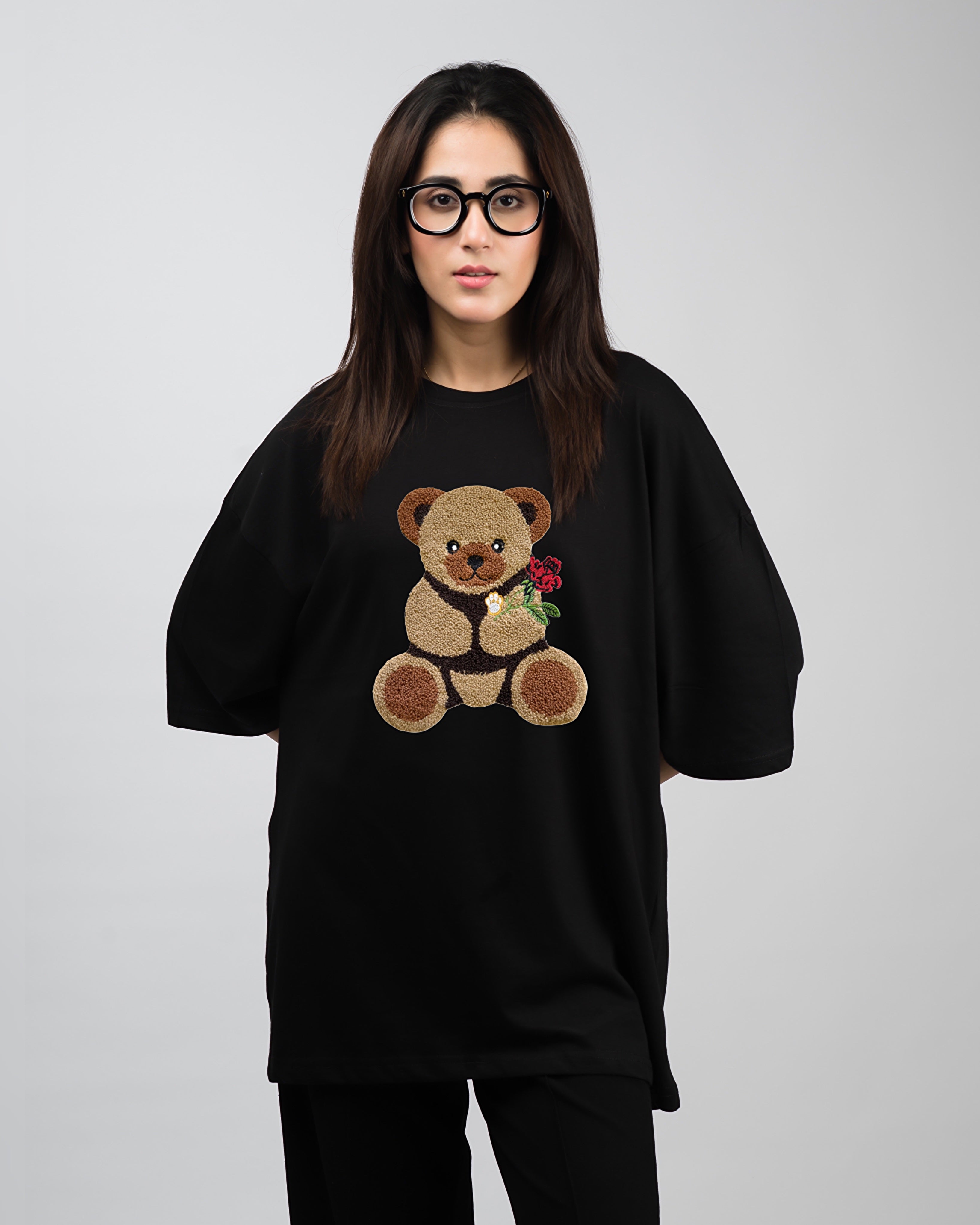 Rose Bear Embroidered Patched Drop Shoulder Oversized Tee Black