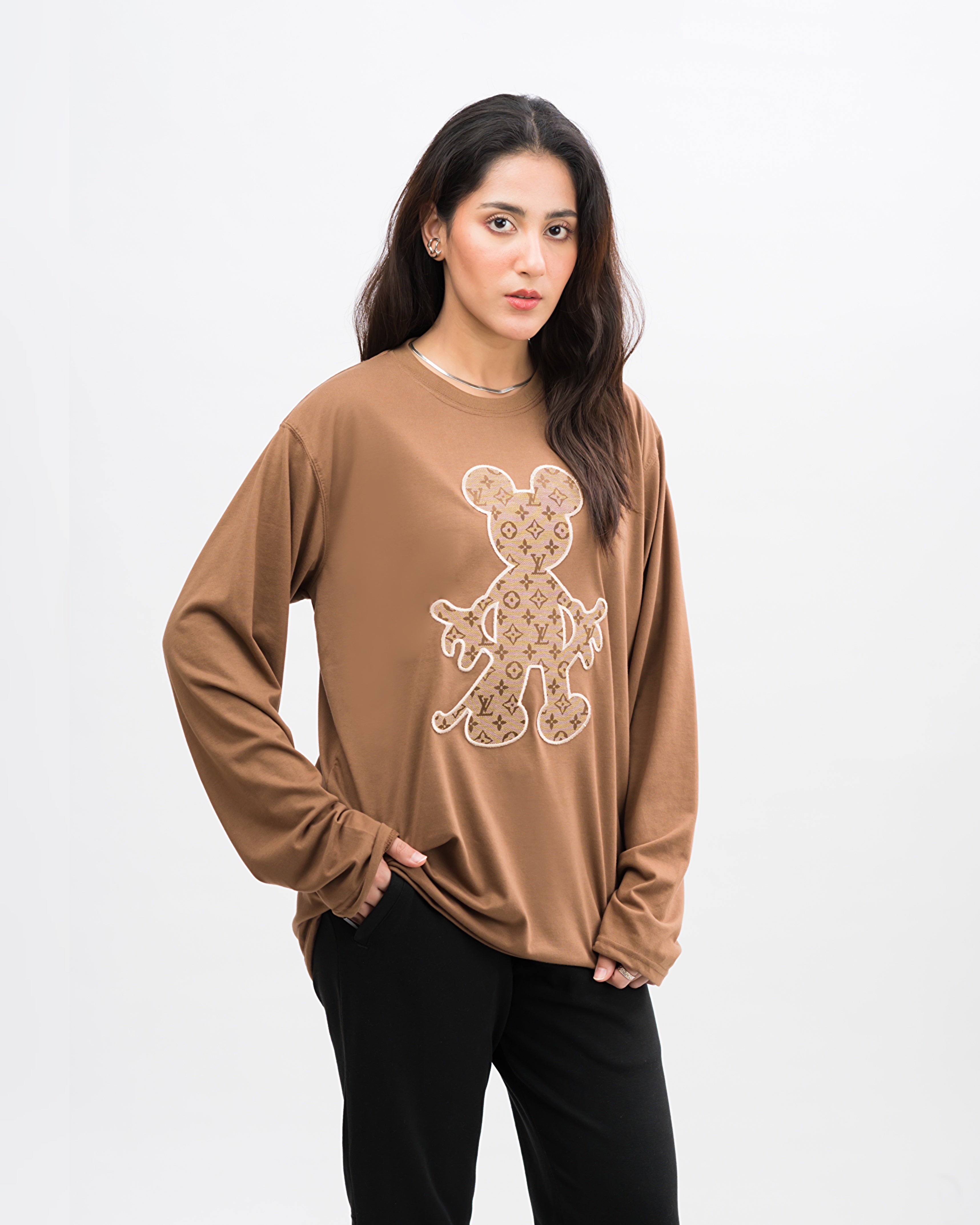 LV Mickey Embroidered Patched Long Sleeves Oversized Tee Coffee