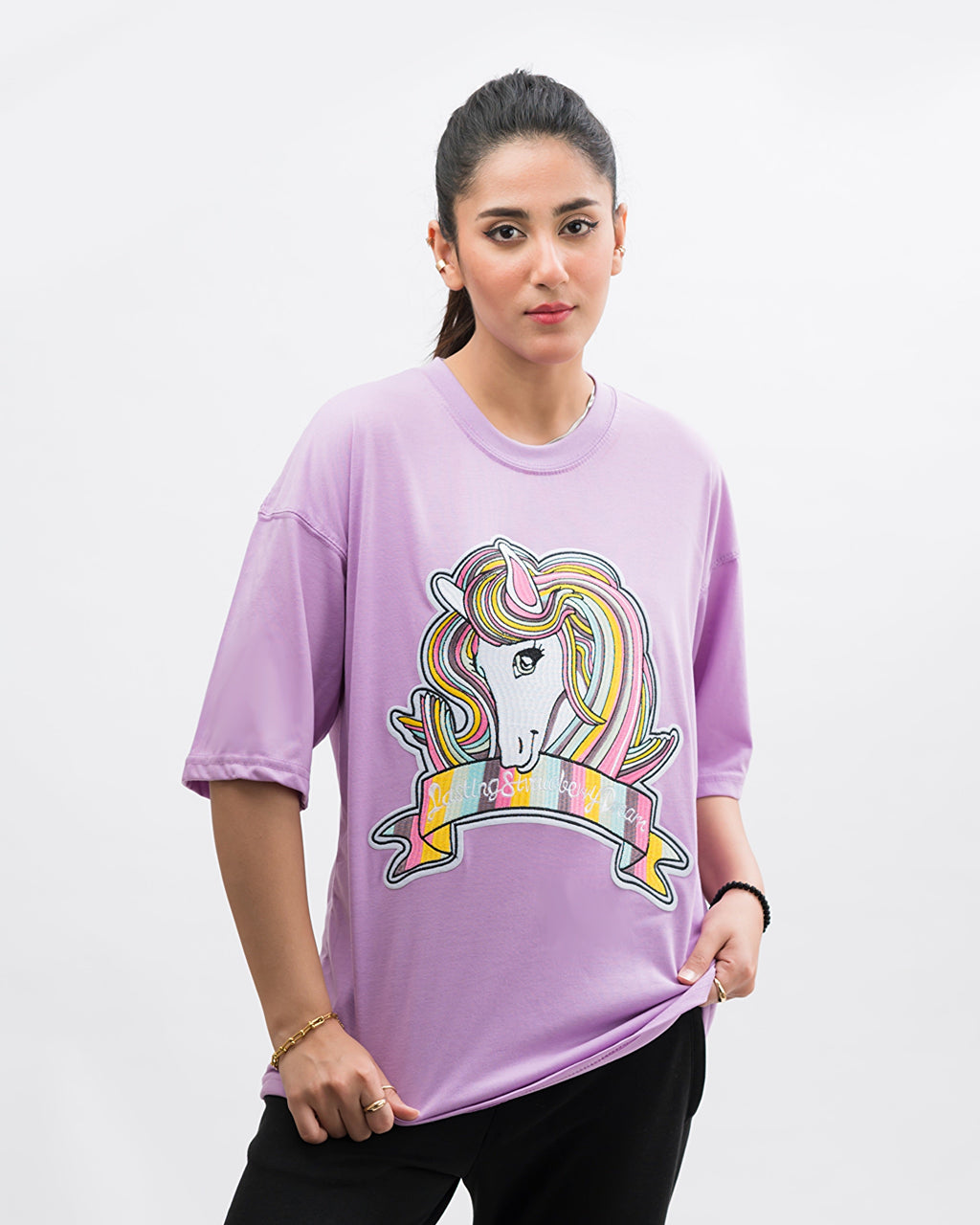 Unicorn Embroidered Patched Drop Shoulder Oversized Tee Lavender