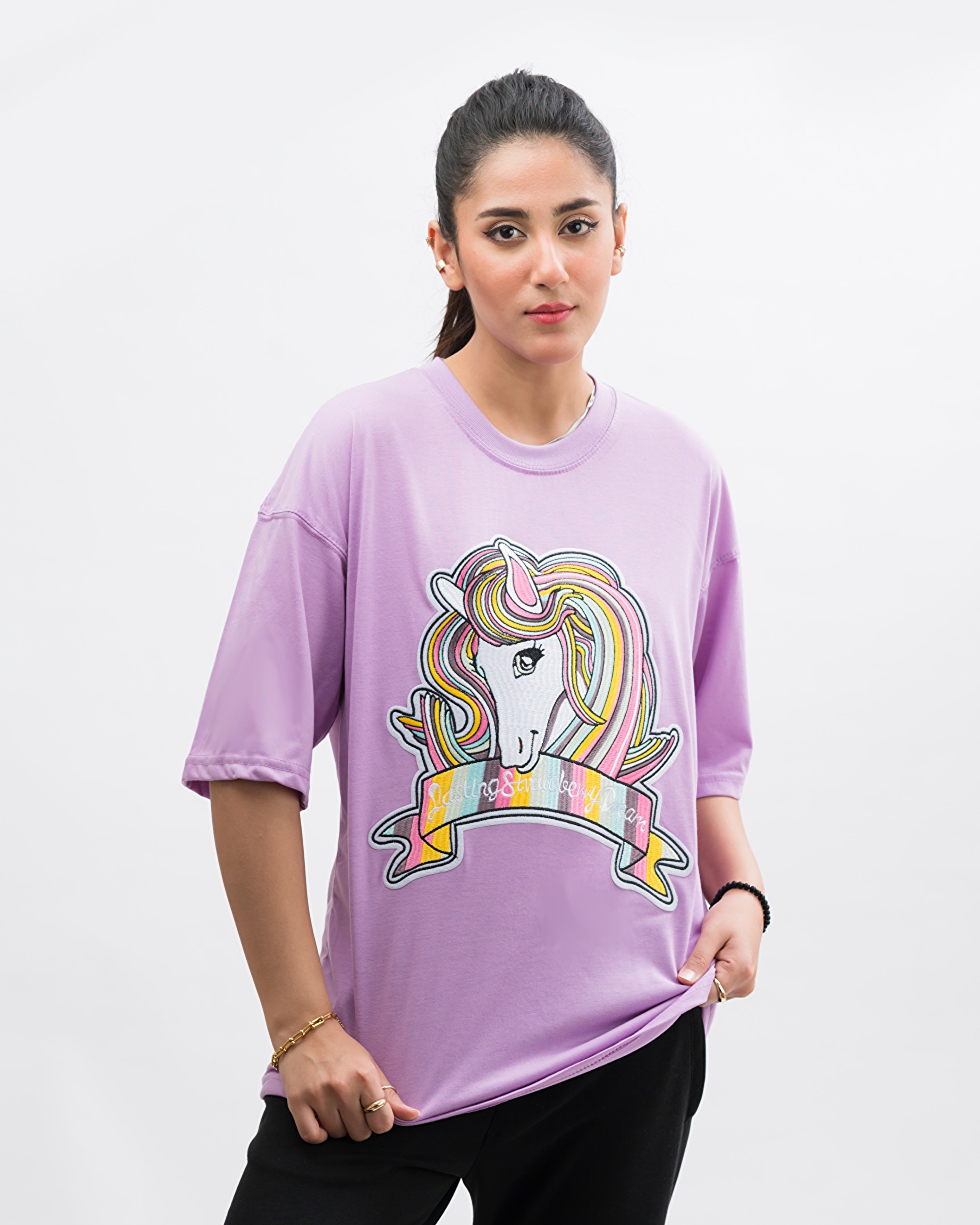 Unicorn Embroidered Patched Drop Shoulder Oversized Tee Lavender