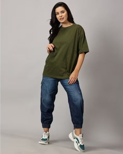 Womens Basic Oversized Drop Shoulder Tee Olive