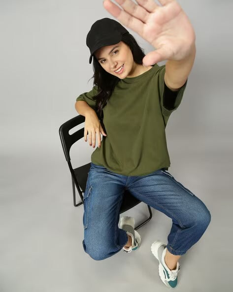 Womens Basic Oversized Drop Shoulder Tee Olive