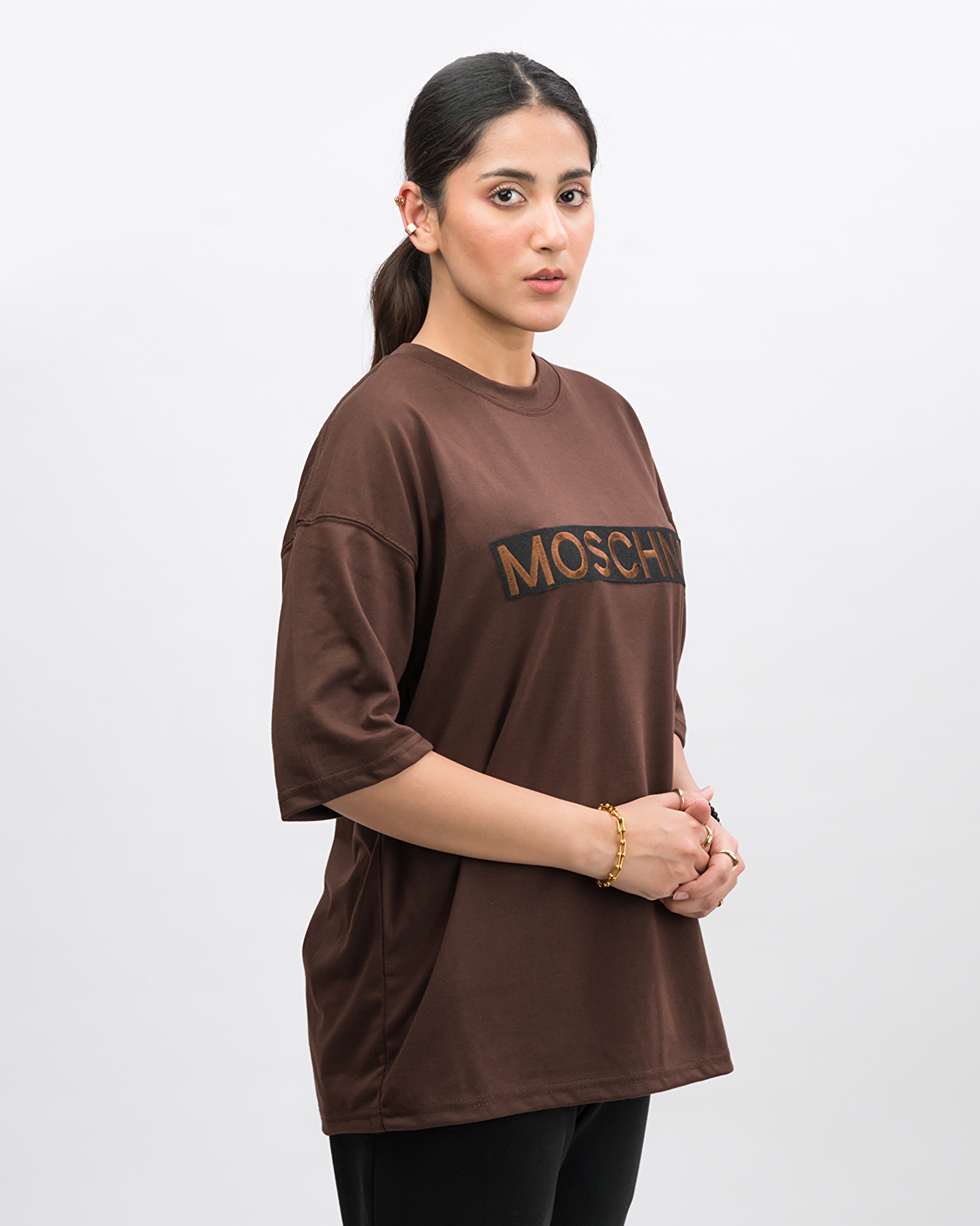 Moschino Embroidered Patched Drop Shoulder Oversized Tee Brownie