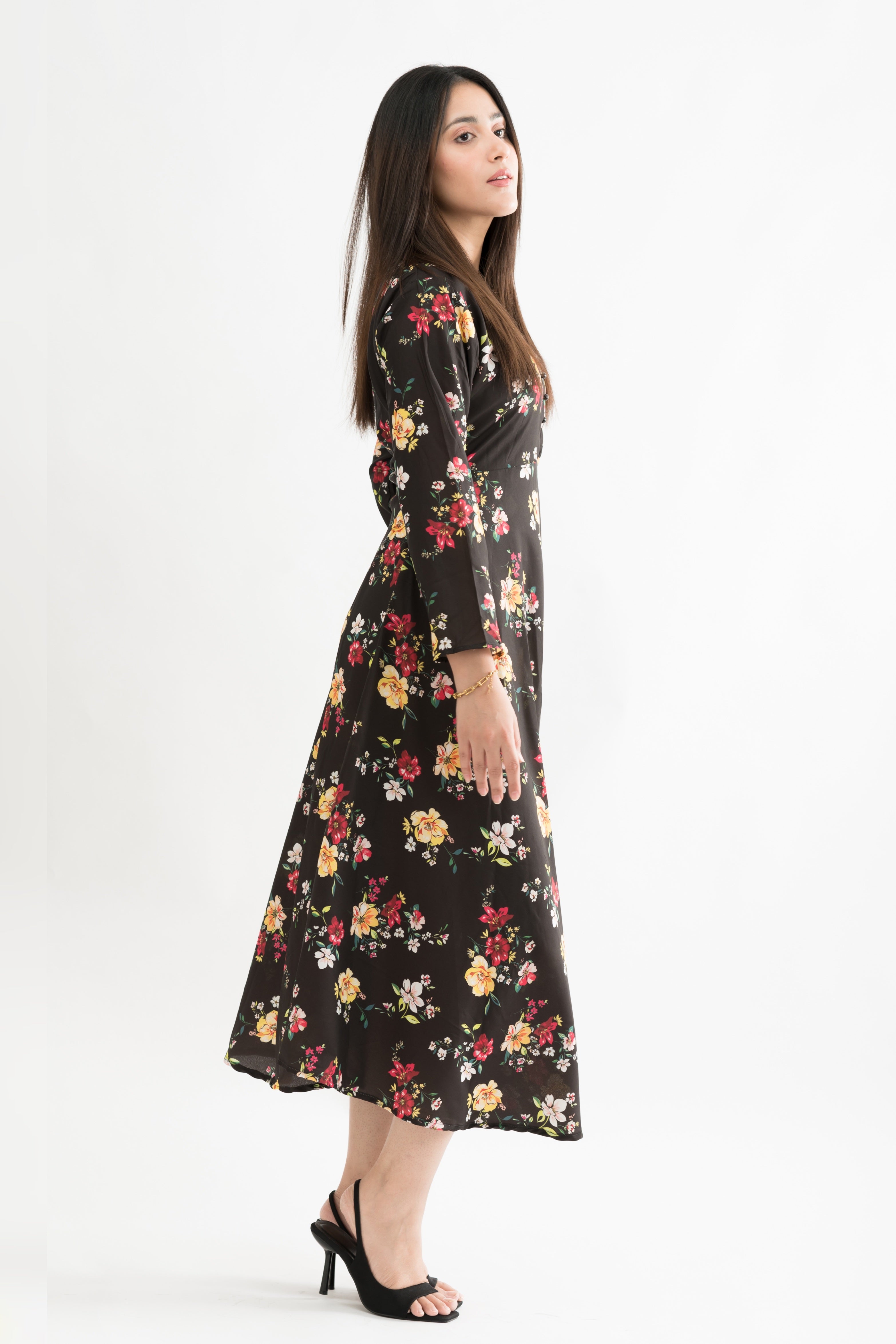 Midnight Blossom Floral Printed Lawn Maxi Dress