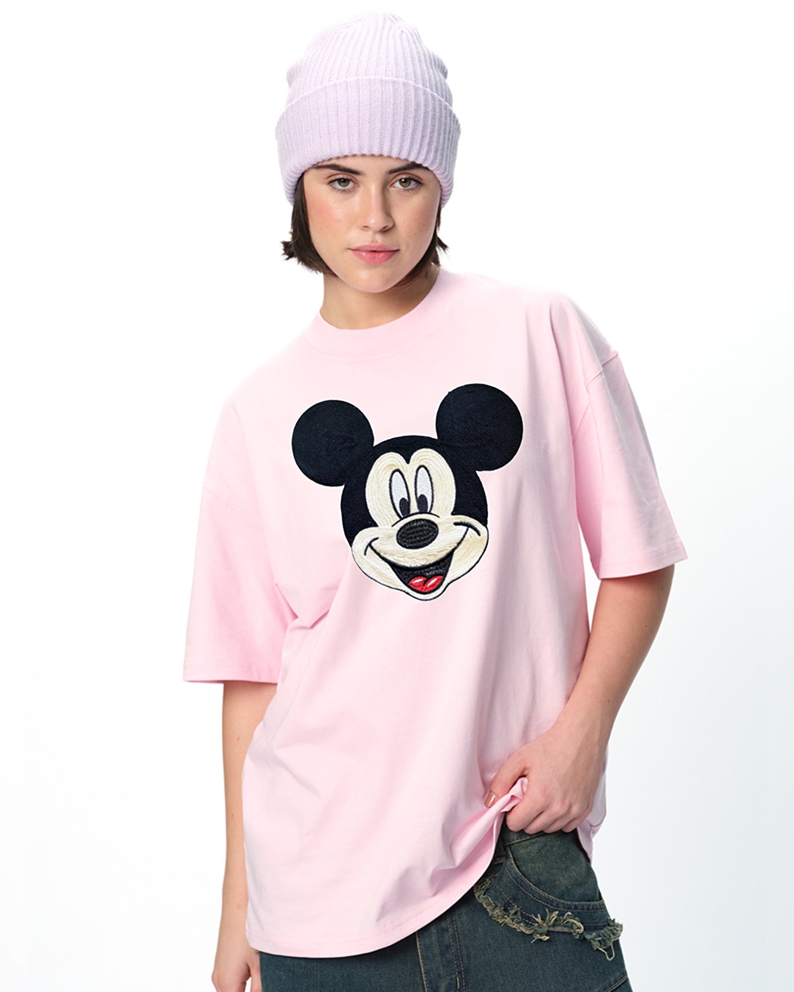 Mickey Mouse Embroidered Patched Drop Shoulder Oversized Tee Pink