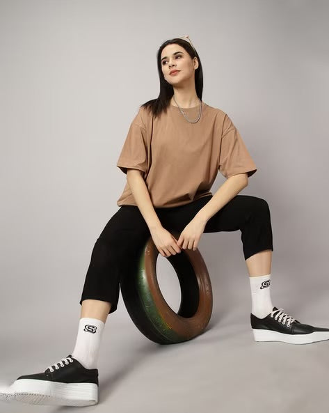 Womens Basic Oversized Drop Shoulder Tee Coffee