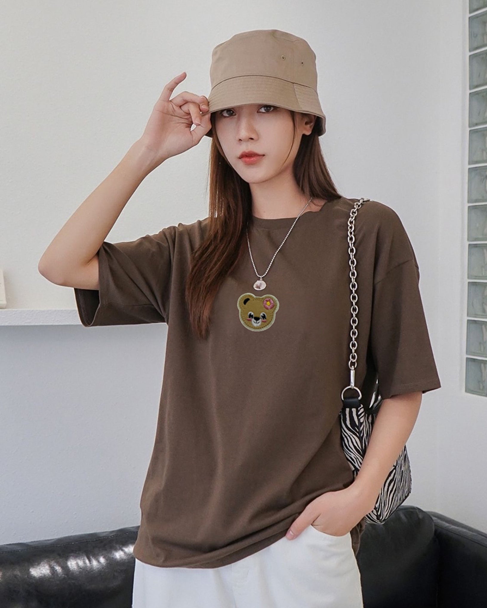 Mini Bear Embroidered Patched Drop Shoulder Oversized Tee Brownie