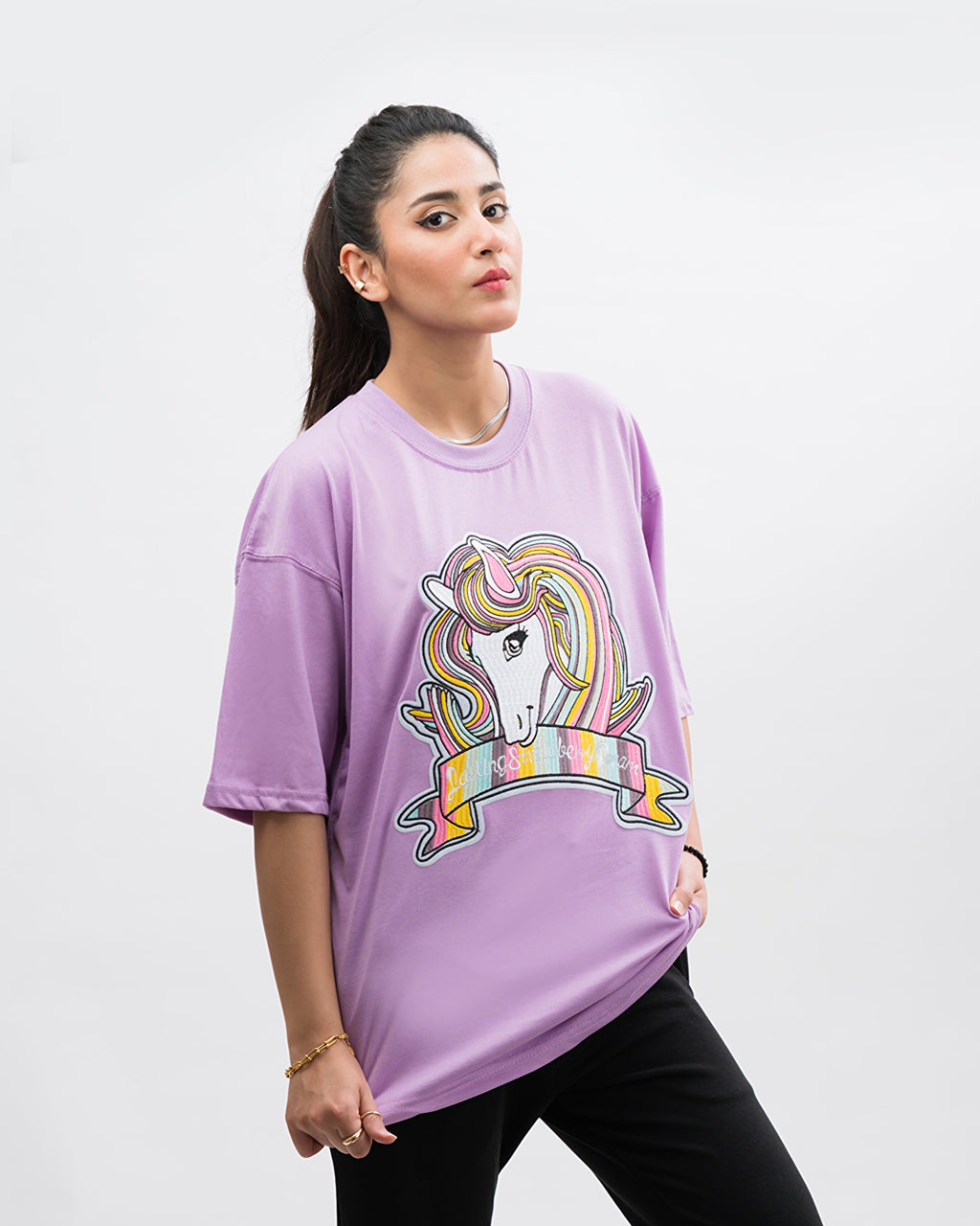 Unicorn Embroidered Patched Drop Shoulder Oversized Tee Lavender