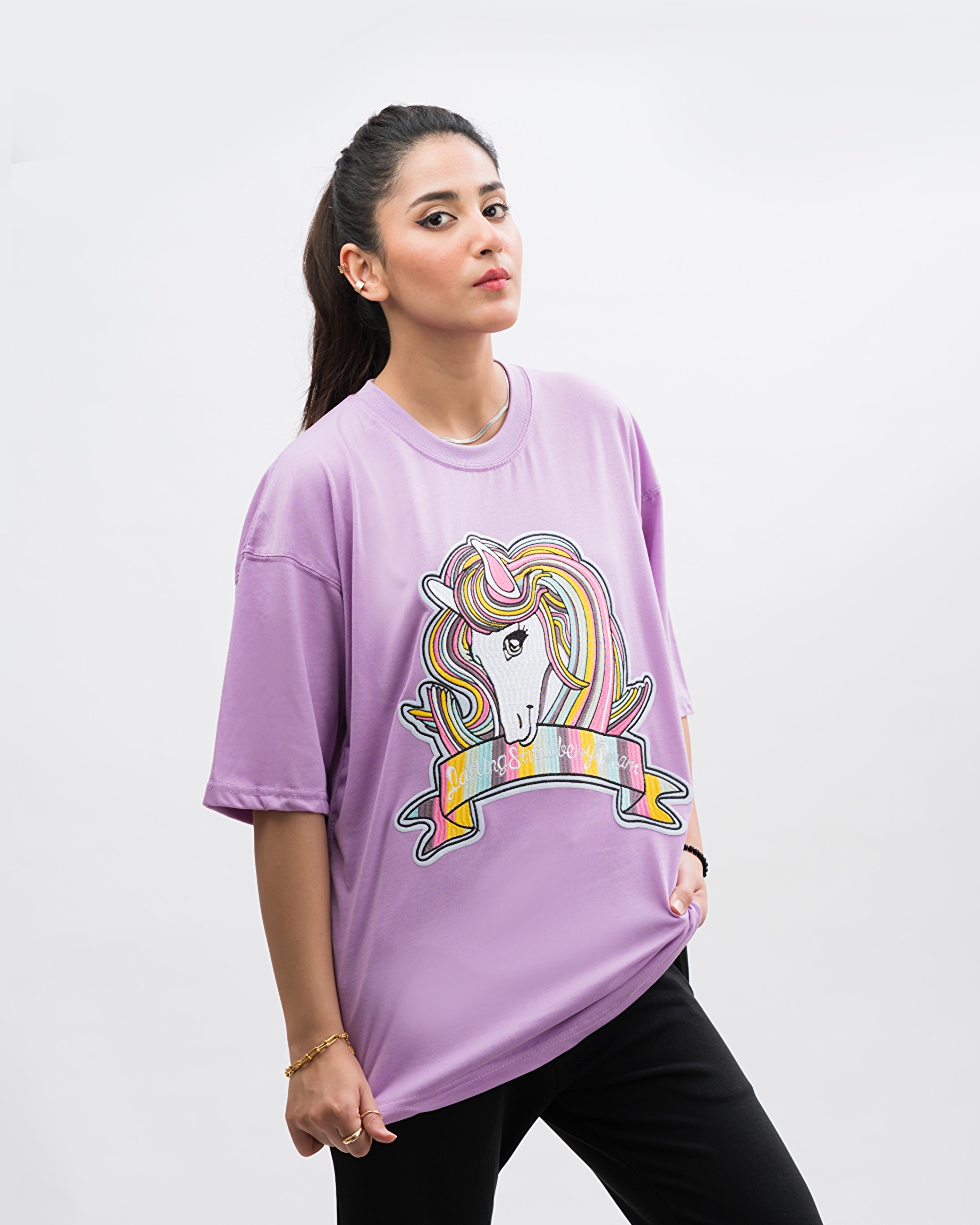 Unicorn Embroidered Patched Drop Shoulder Oversized Tee Lavender