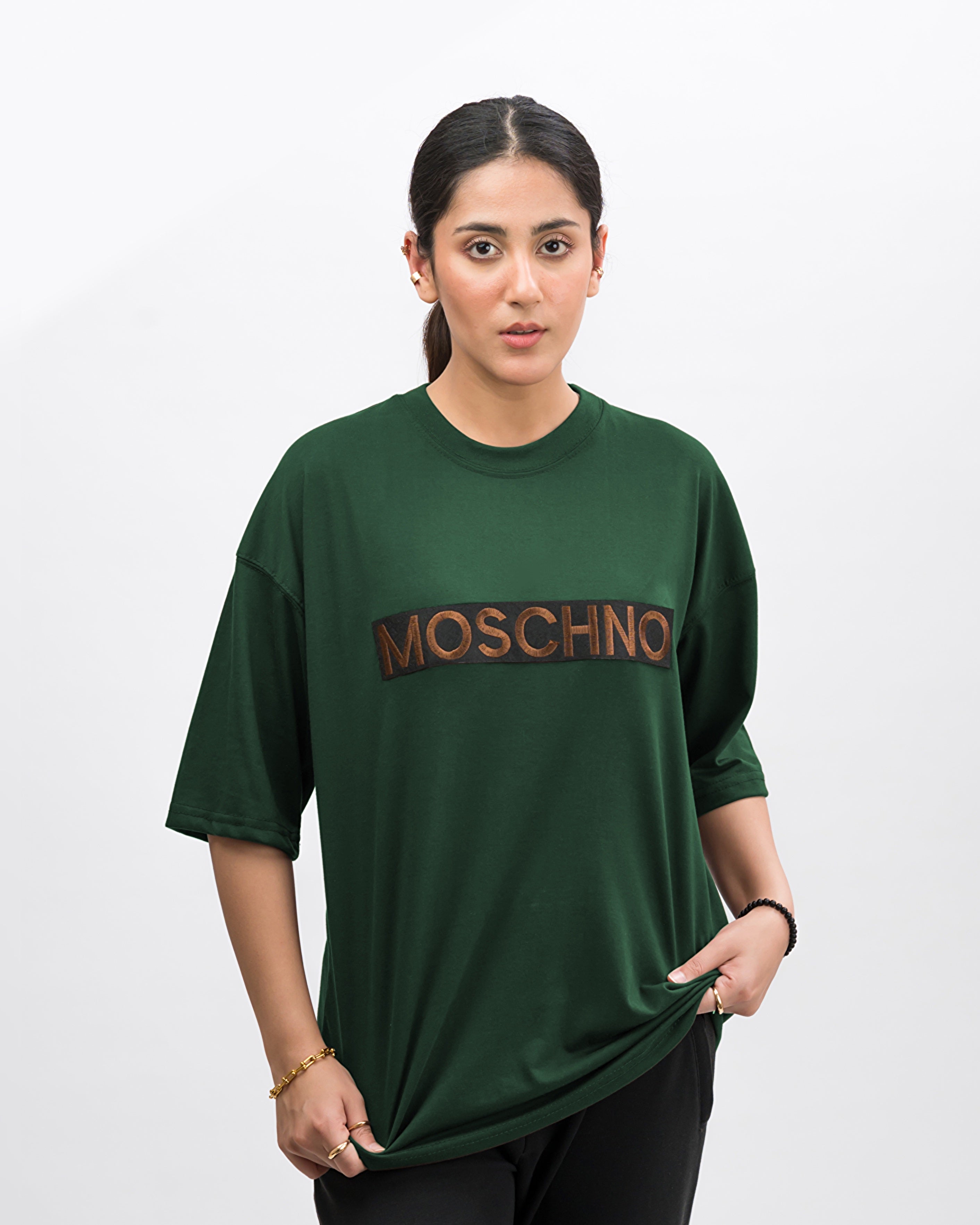 Moschino Embroidered Patched Drop Shoulder Oversized Tee Green