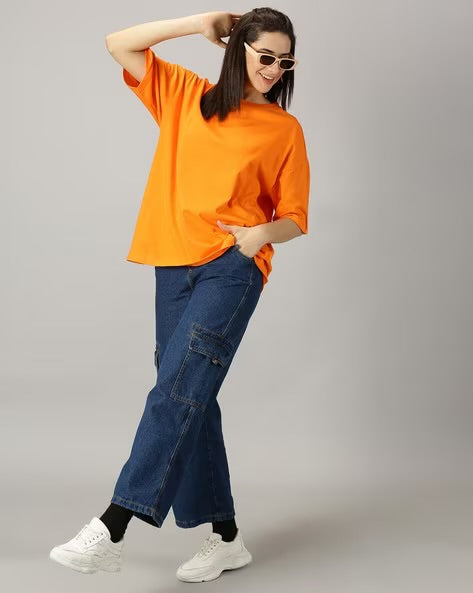 Womens Basic Oversized Drop Shoulder Tee Orange