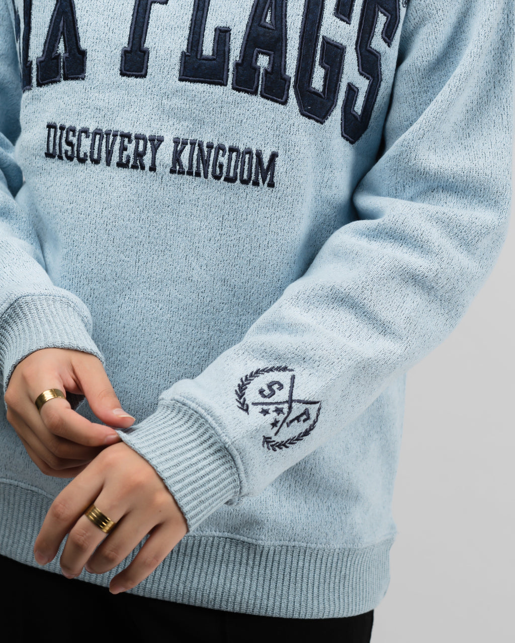Six Flag Embroidered Irish Knitted Sweater Blue