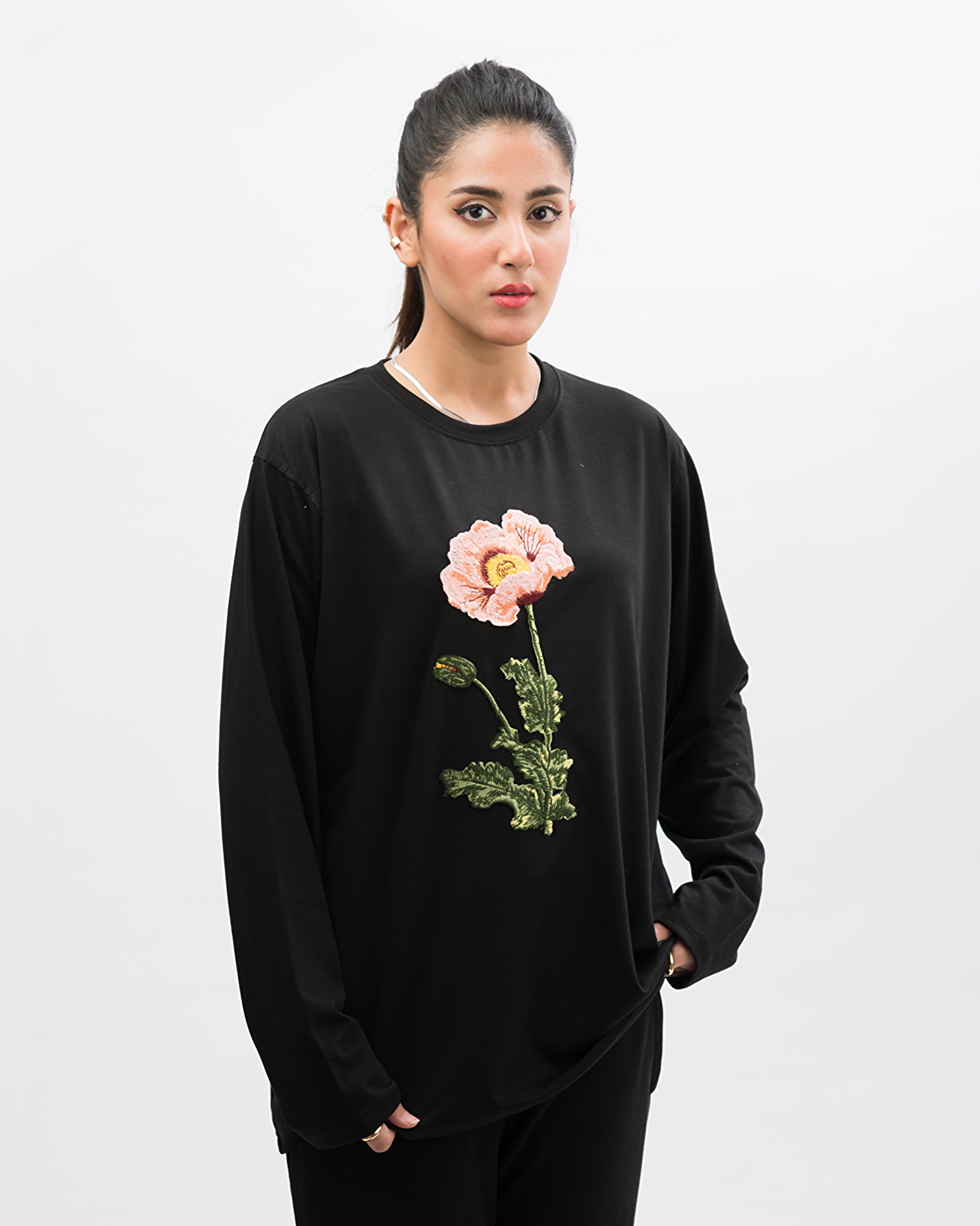 Rose Embroidered Patched Long Sleeves Oversized Tee Black