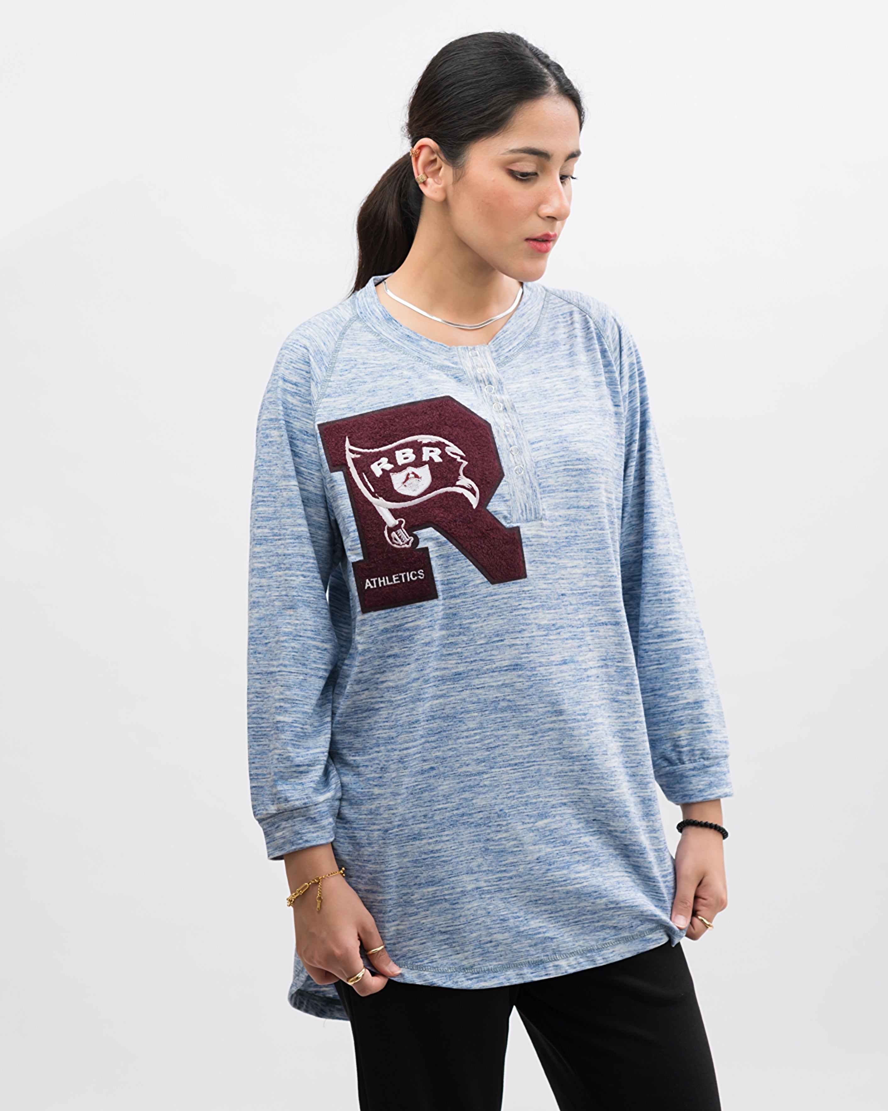 Henley Style R Athletic Long Sleeve Oversized Tee Blue