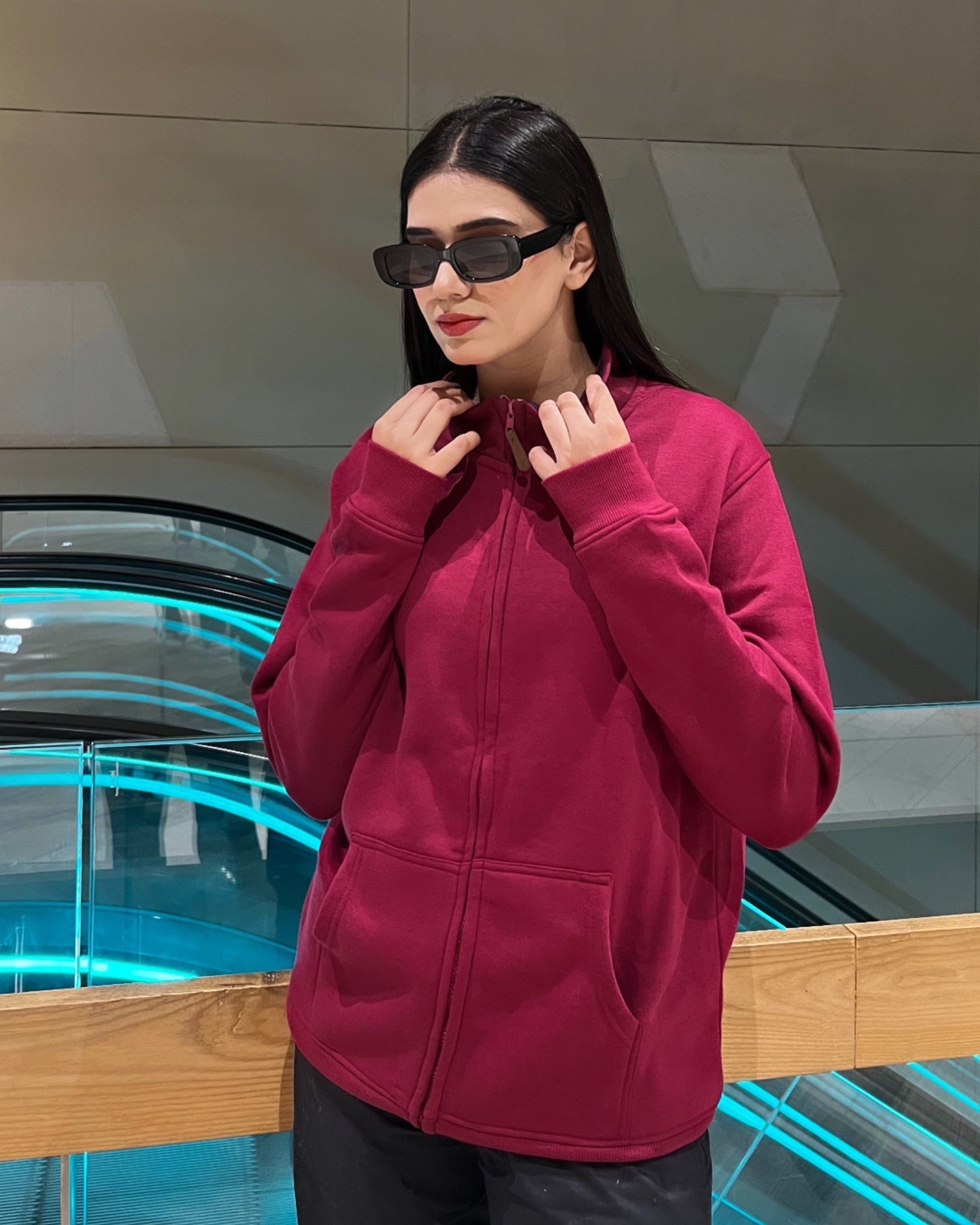 Mock Neck Zipper Jacket Maroon