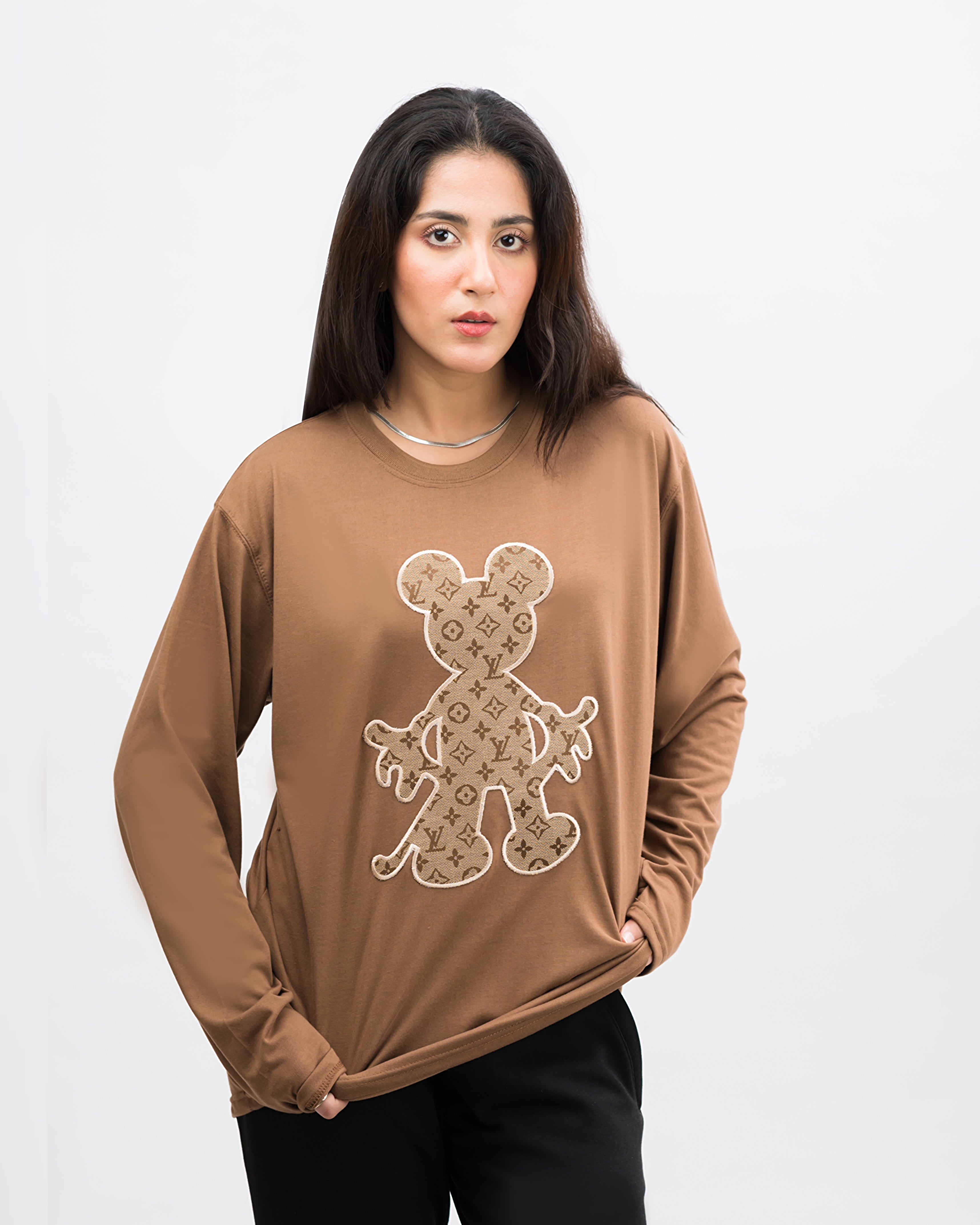 LV Mickey Embroidered Patched Long Sleeves Oversized Tee Coffee