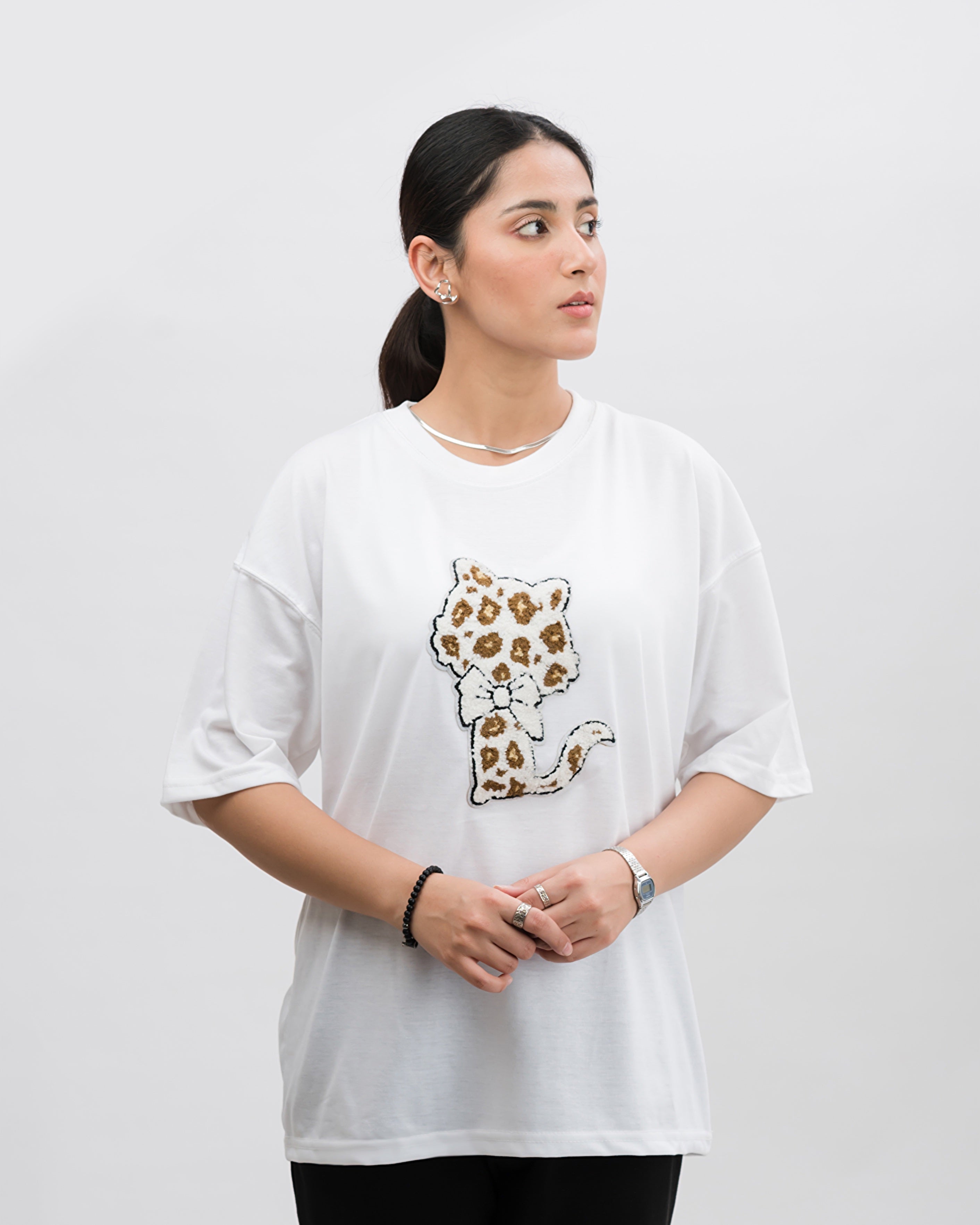 Kitty Embroidered Patched Drop Shoulder Oversized Tee White