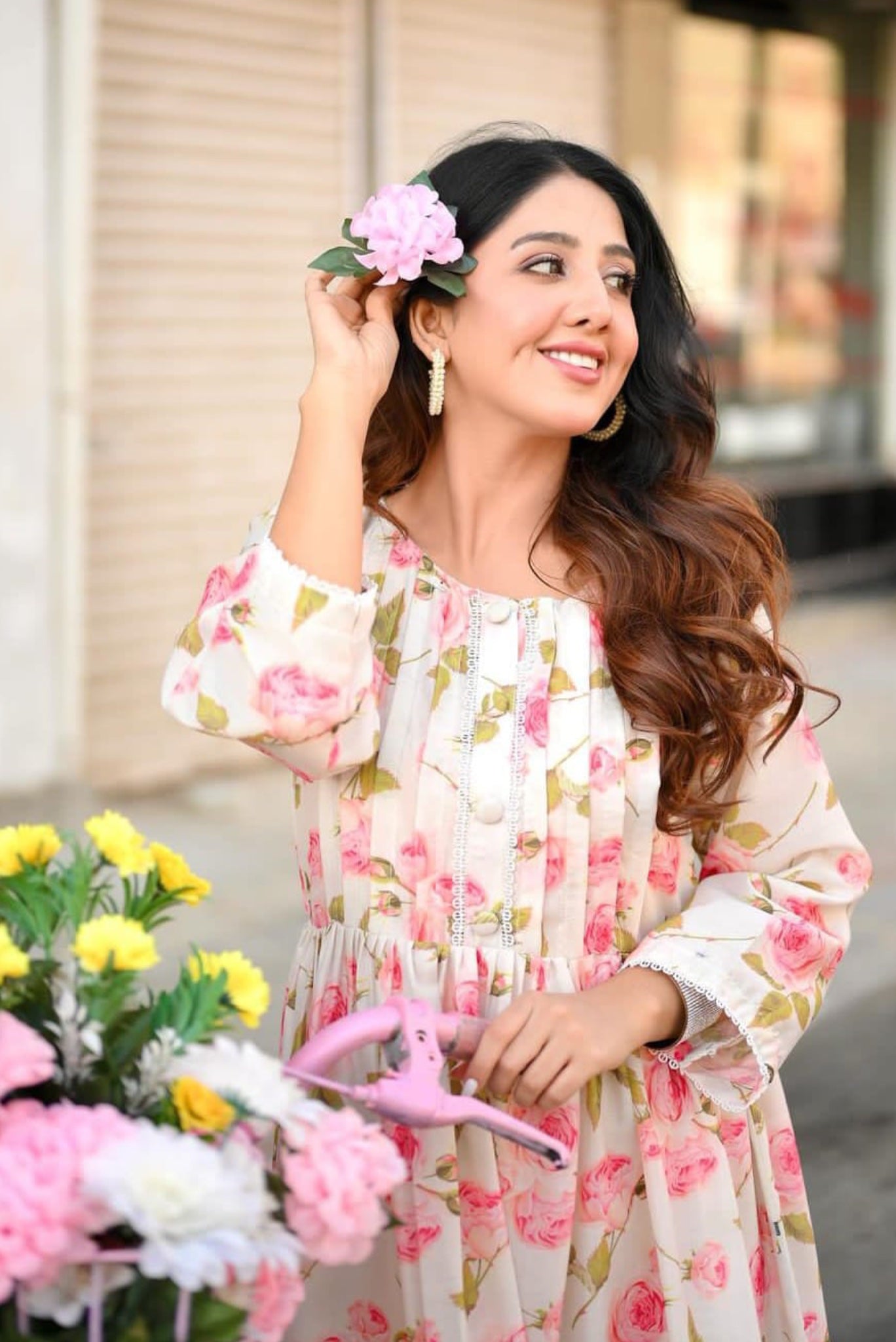 Pink Sophie Rose Floral - Victoria Cotton Linen Dress ( Inner Attached )