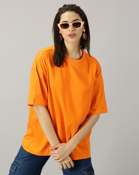 Womens Basic Oversized Drop Shoulder Tee Orange