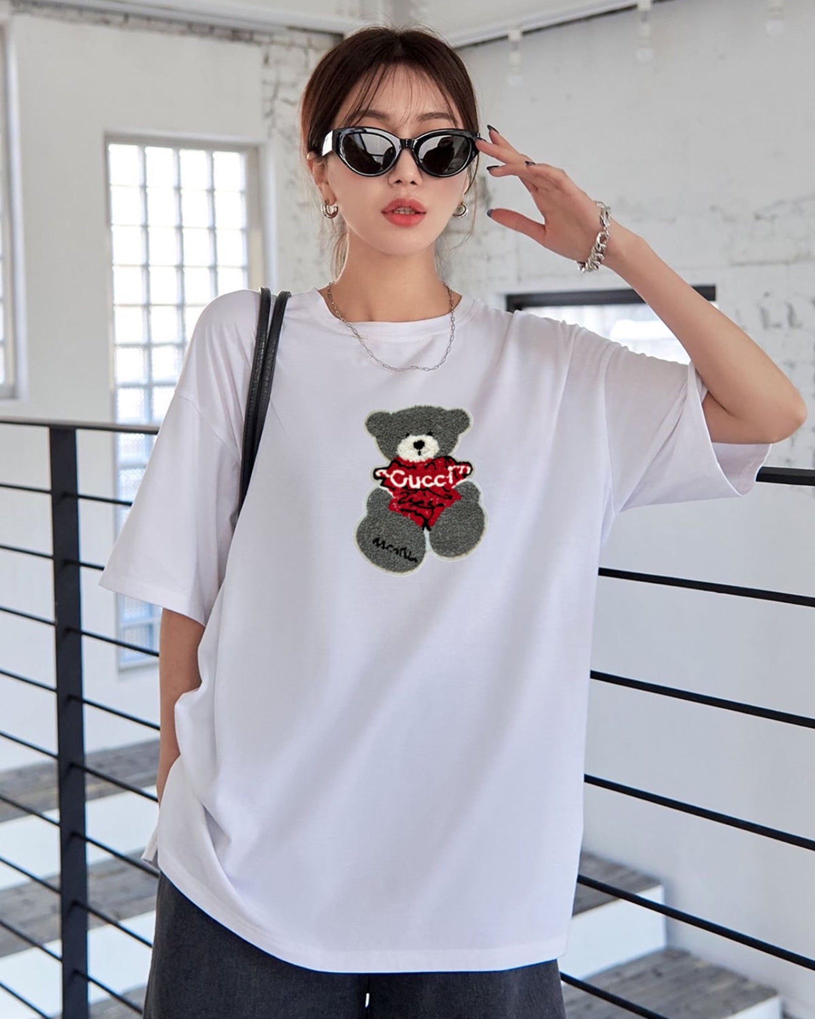 Gucci Bear Embroidered Patched Drop Shoulder Oversized Tee White