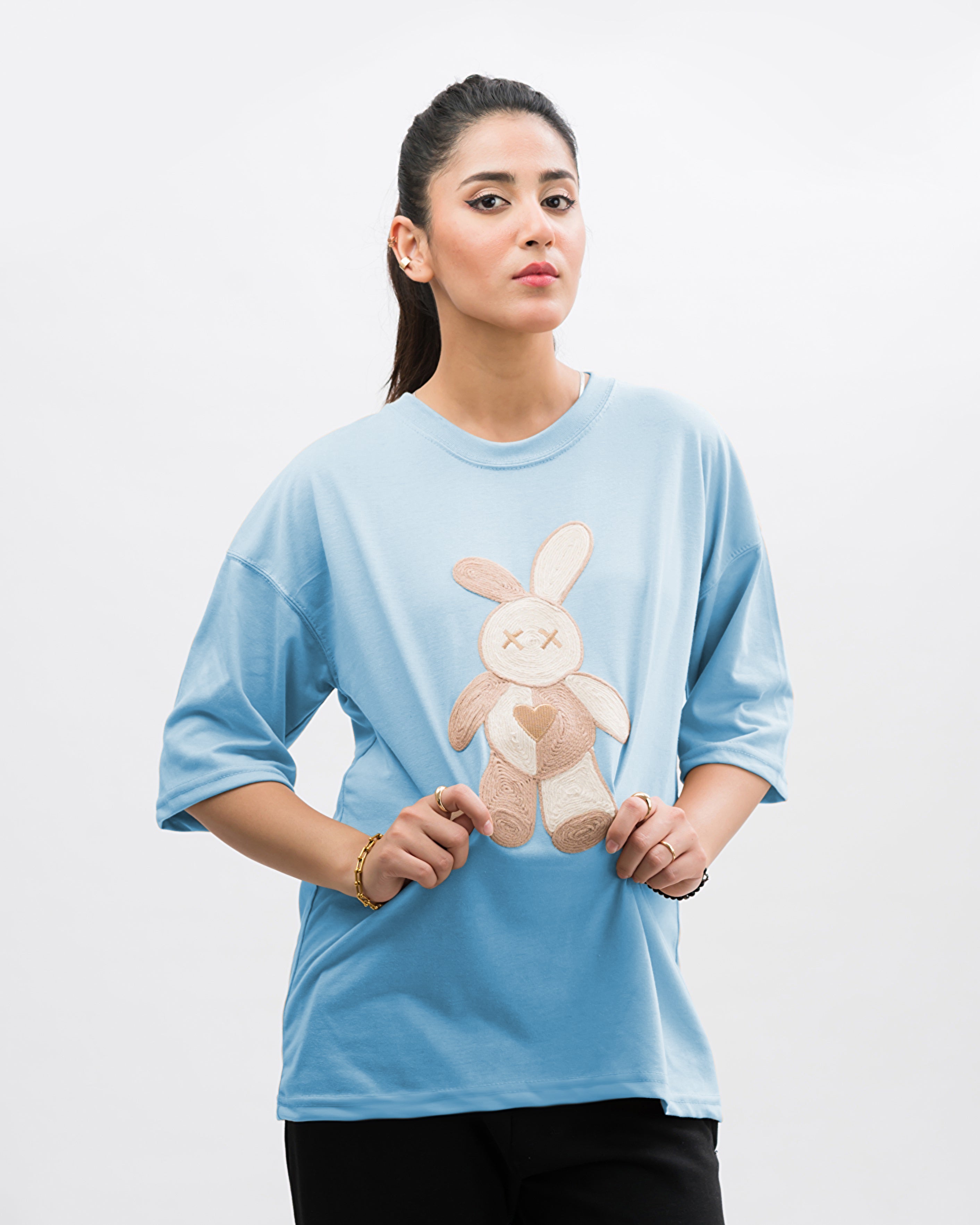 Teddy Caramel Embroidered Patched Drop Shoulder Oversized Tee Sky Blue