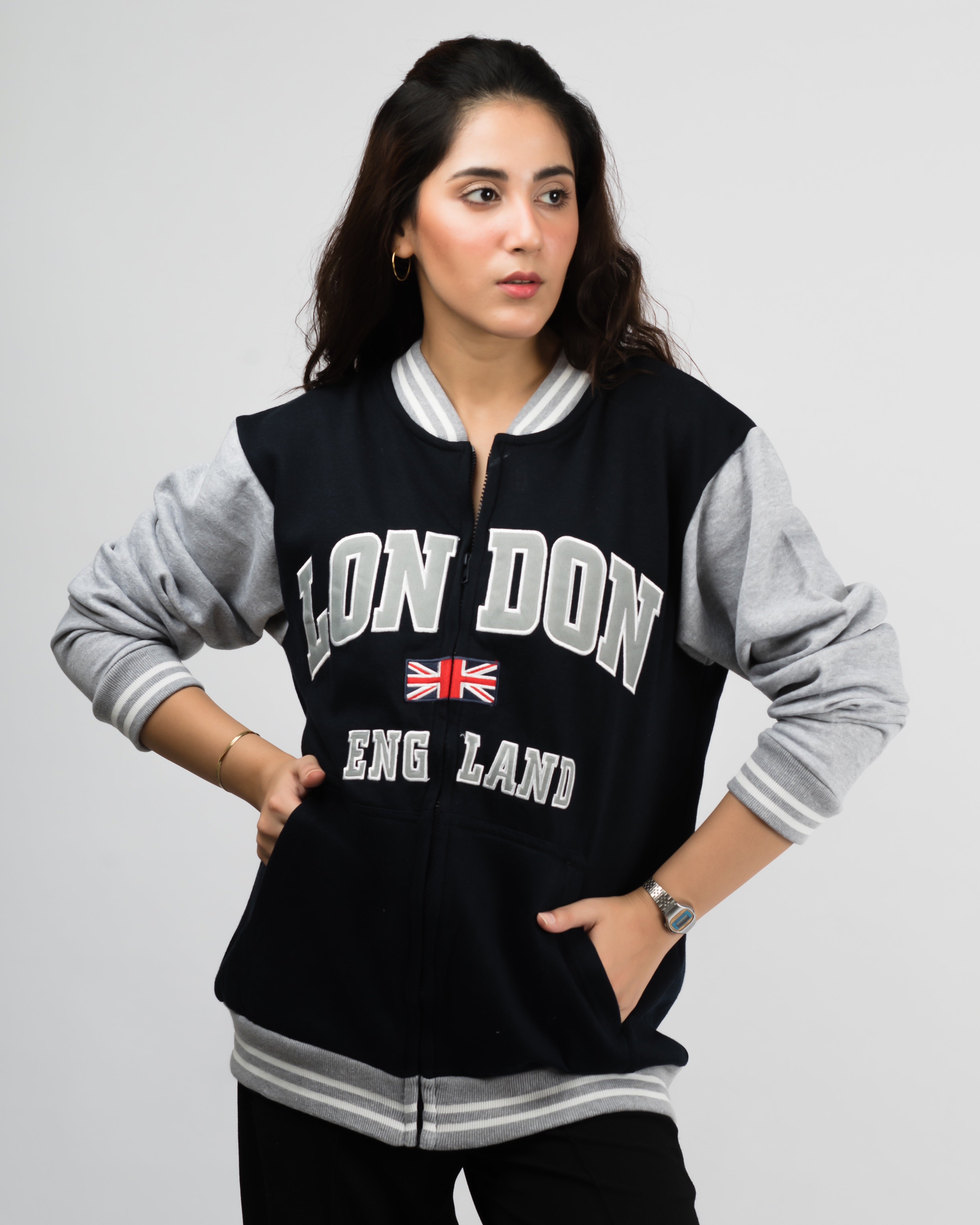 London Embroidered Zipper Baseball Jacket Black