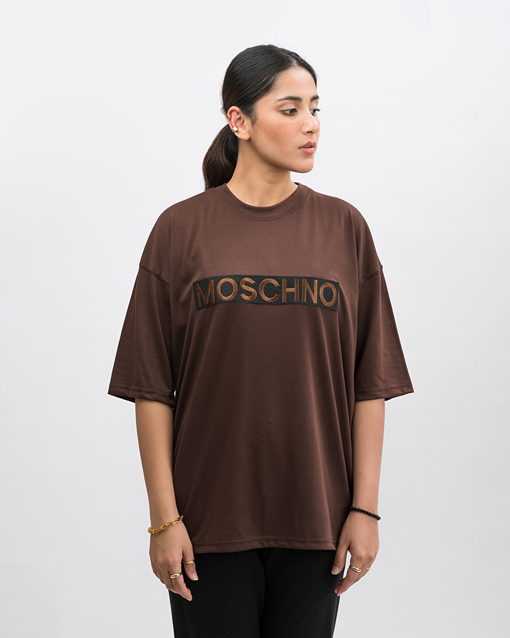 Moschino Embroidered Patched Drop Shoulder Oversized Tee Brownie