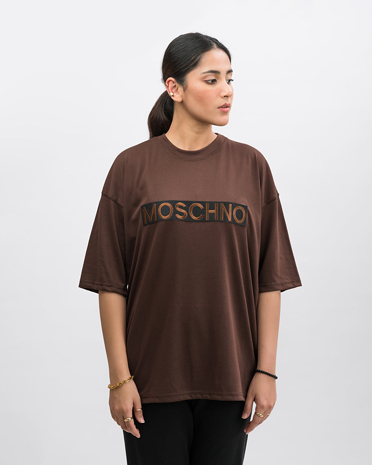 Moschino Embroidered Patched Drop Shoulder Oversized Tee Brownie
