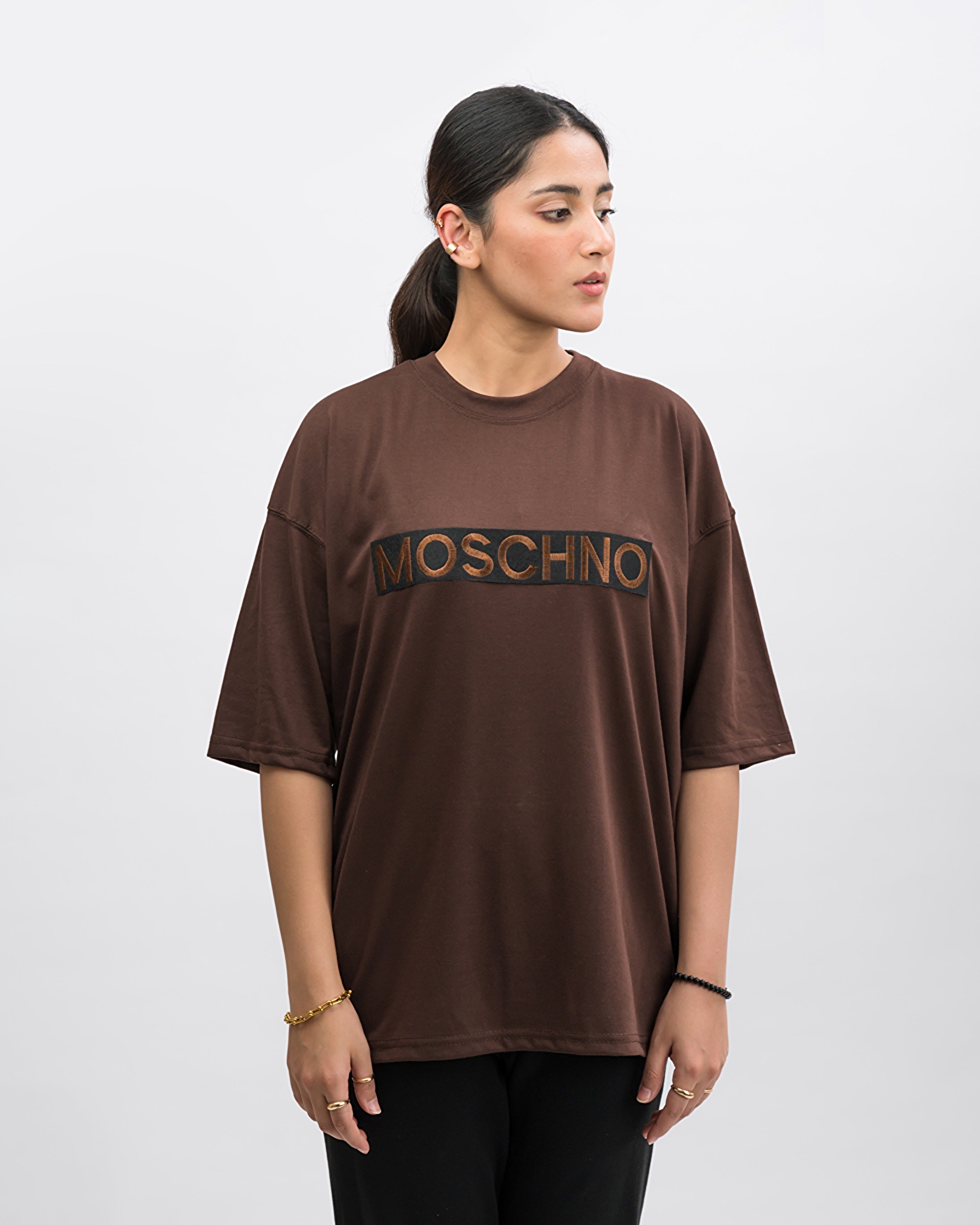 Moschino Embroidered Patched Drop Shoulder Oversized Tee Brownie