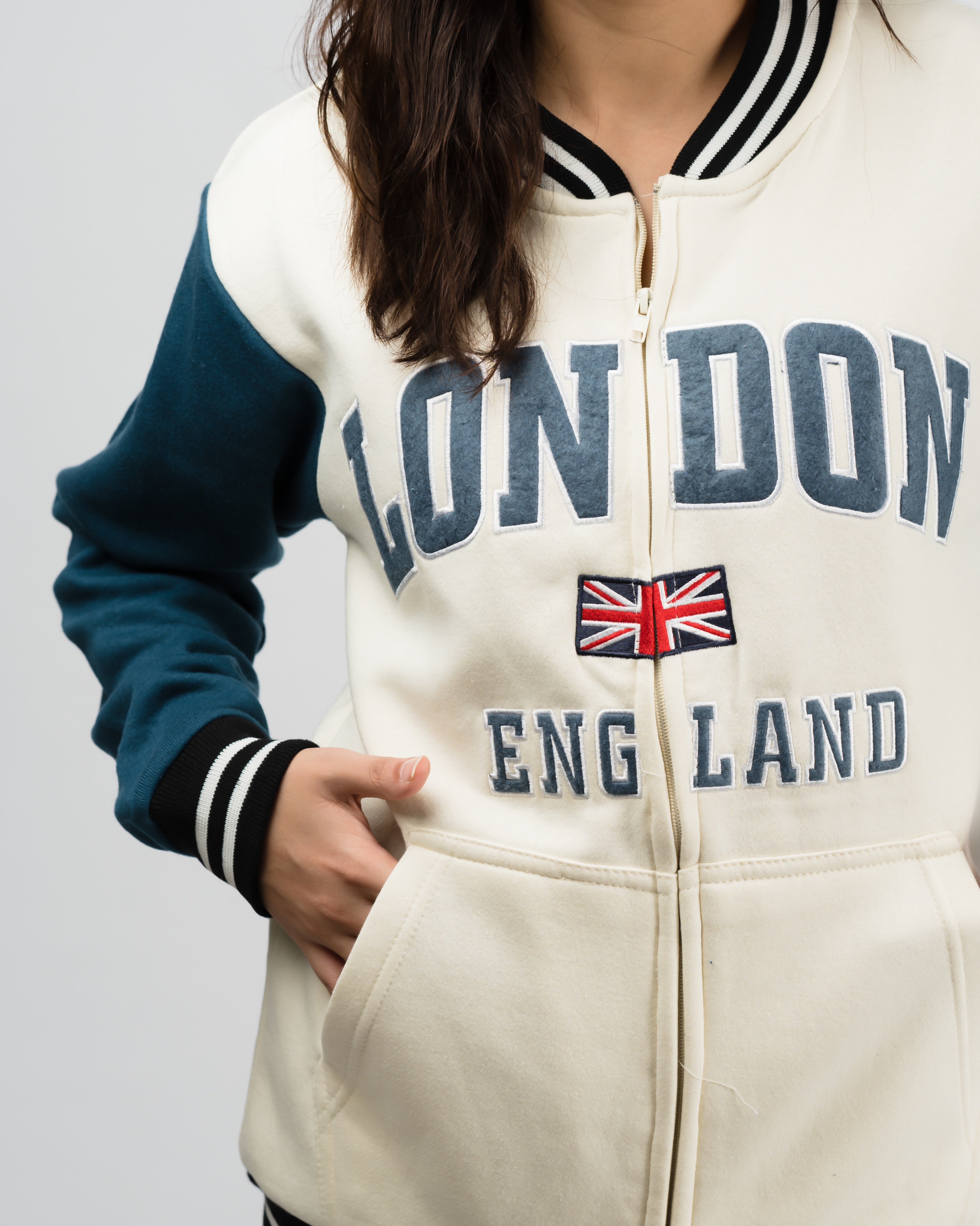 London Embroidered Zipper Baseball Jacket Beige