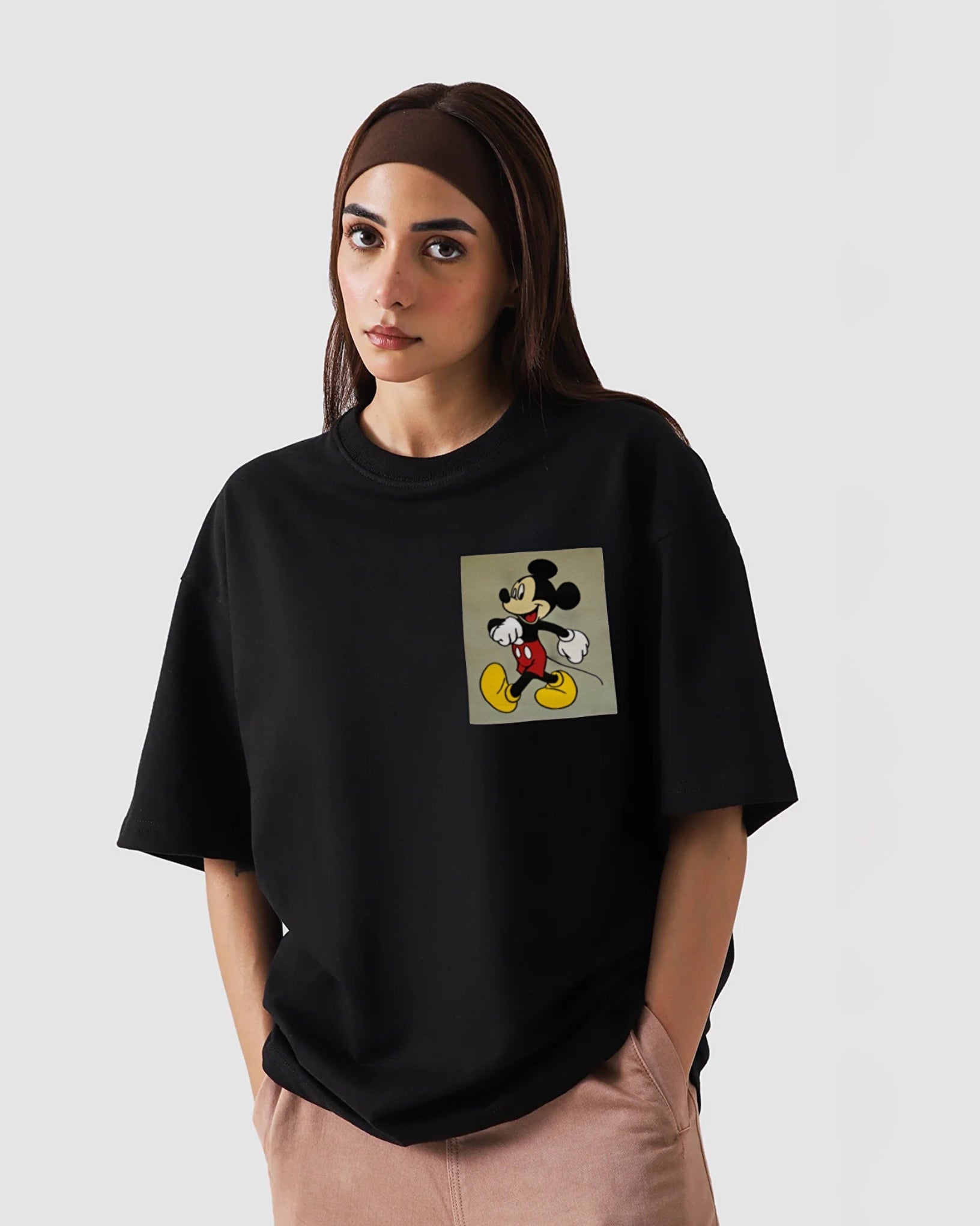 Mickey Pocket Embroidered Patched Drop Shoulder Oversized Tee Black